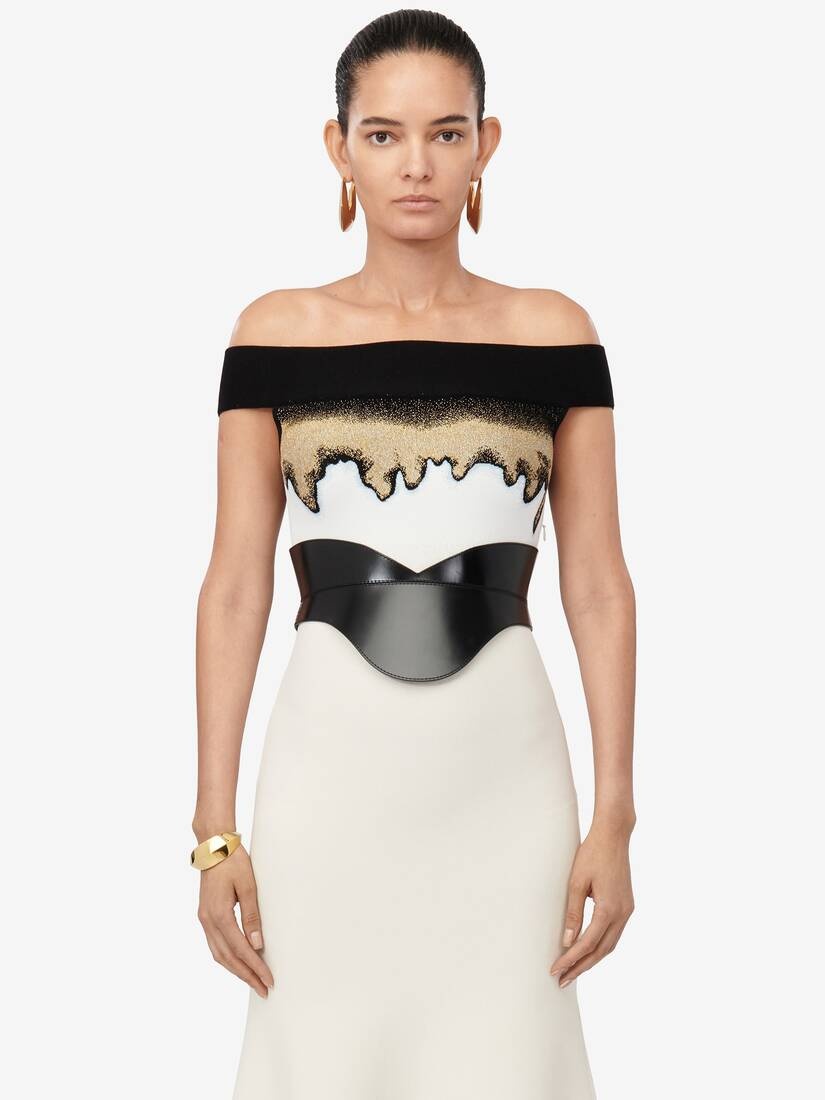 Women's Off-the-shoulder Jacquard Dress in Ivory/black/gold - 6