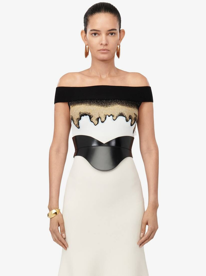 Alexander McQueen Women's Off-the-shoulder Jacquard Dress in Ivory/black/ gold - 780488Q1A8N9136 | REVERSIBLE