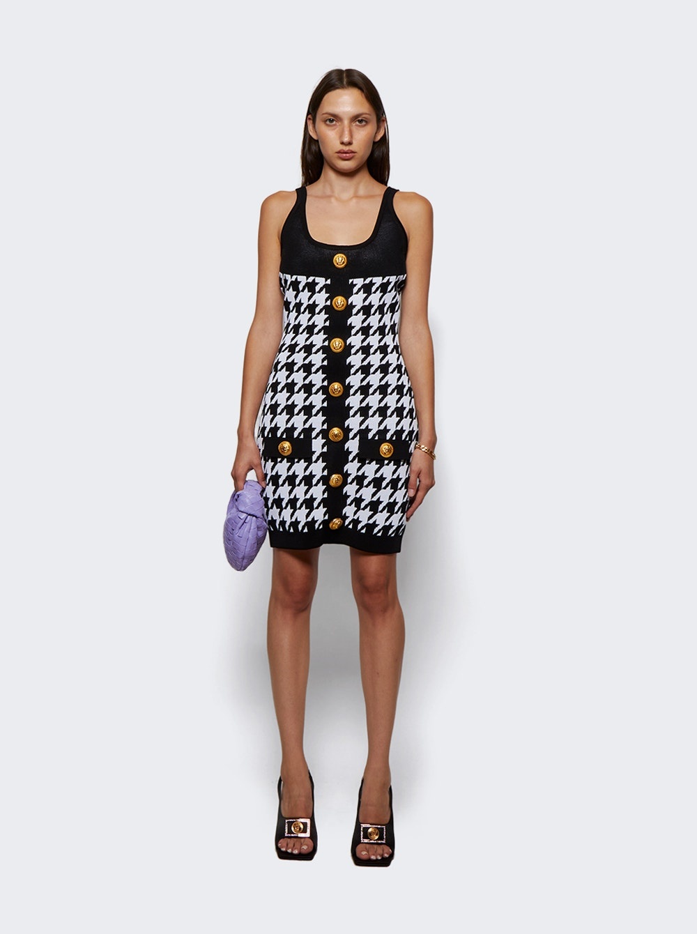 Buttoned Houndstooth Short Knit Dress - 2