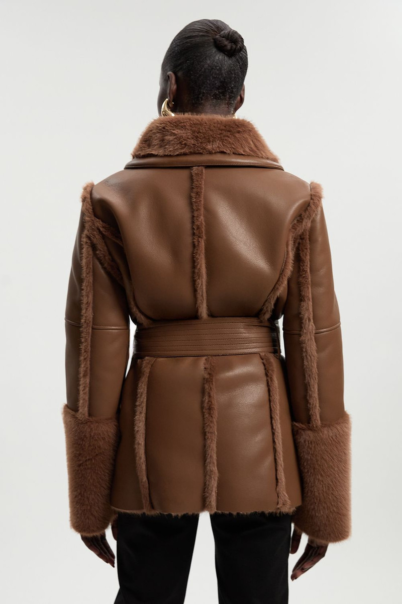 Faux Fur High Neck Belted Biker Coat 6