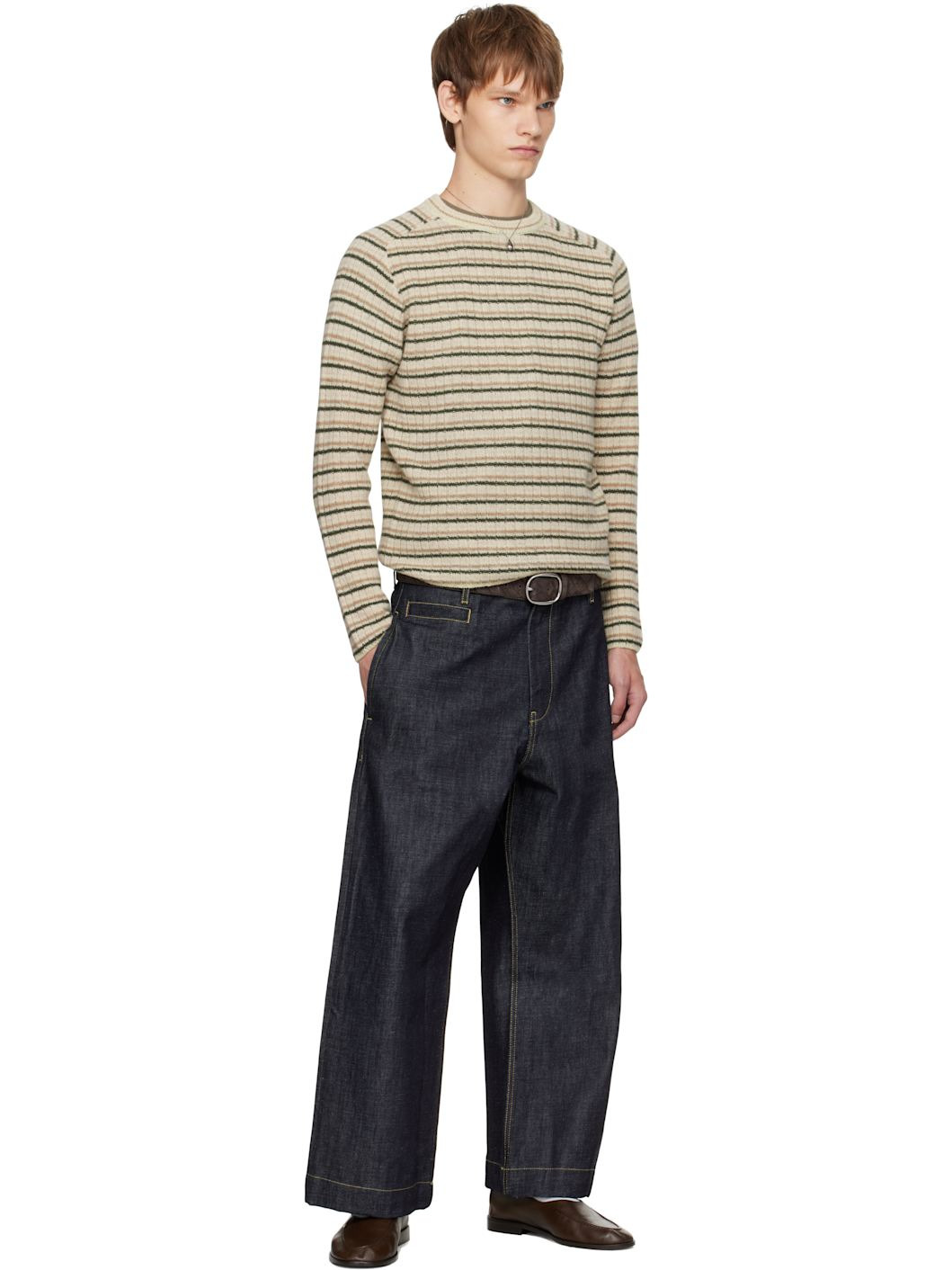 Beige Shetland Wool Cashmere Rib Knit Sweater - 4