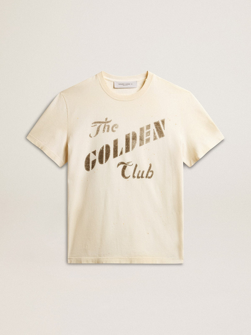 Men's aged white cotton T-shirt with gold print 1
