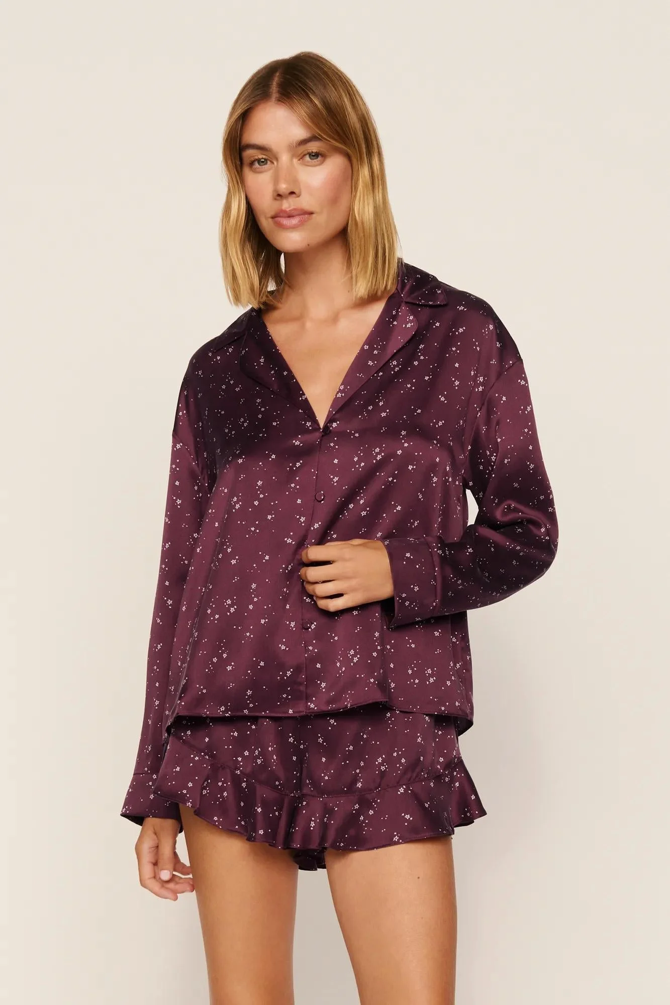 Washable Silk Printed Ruffle Long Sleeve & Short PJ Set - 1