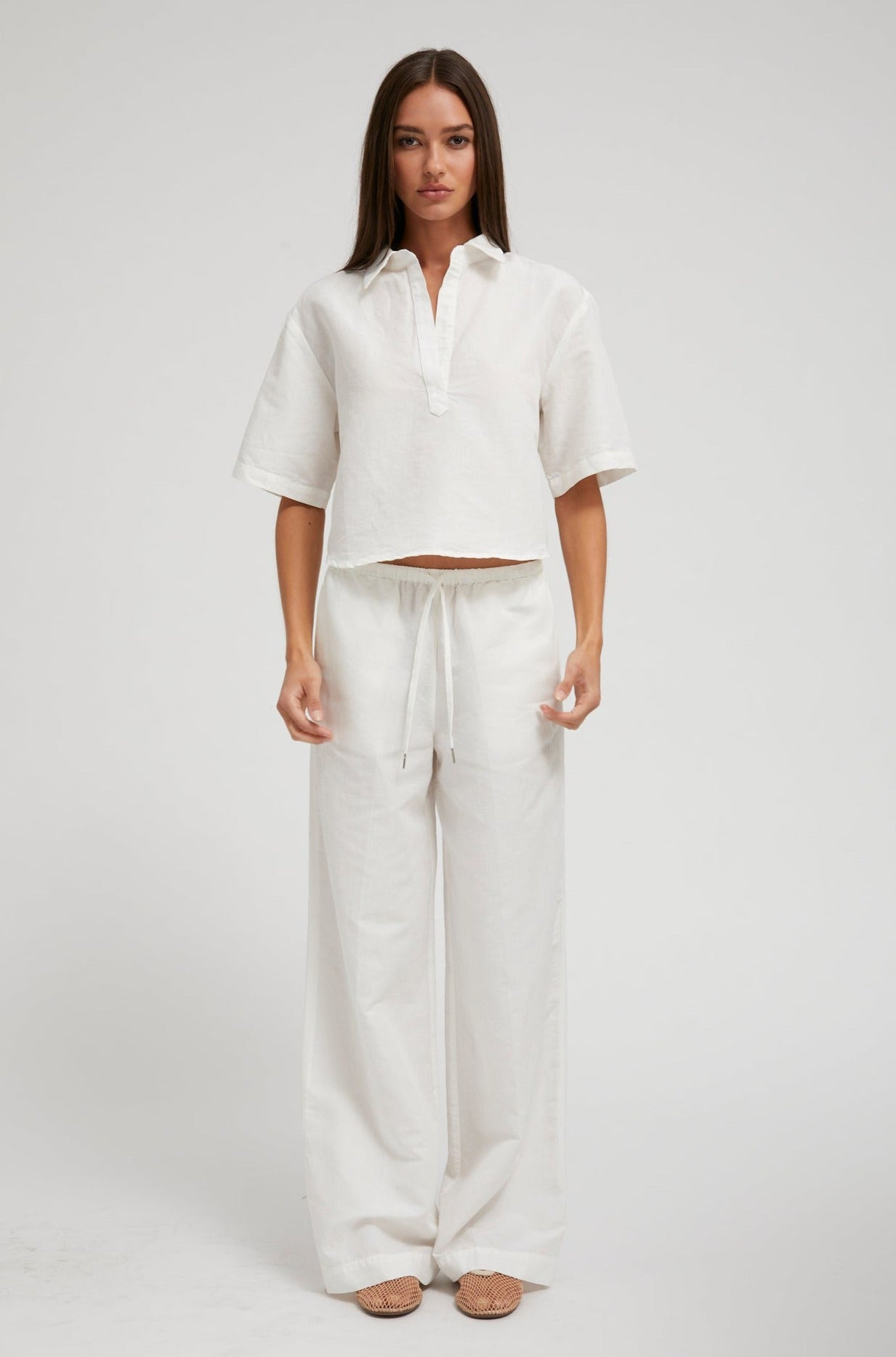 WHITE LINEN CROPPED OVERSIZED HENLEY SHIRT - 3