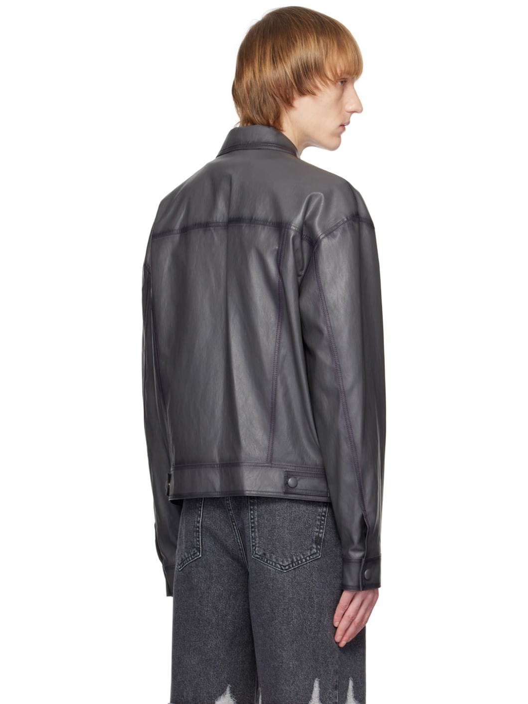 Gray Spread Collar Faux-Leather Jacket - 3