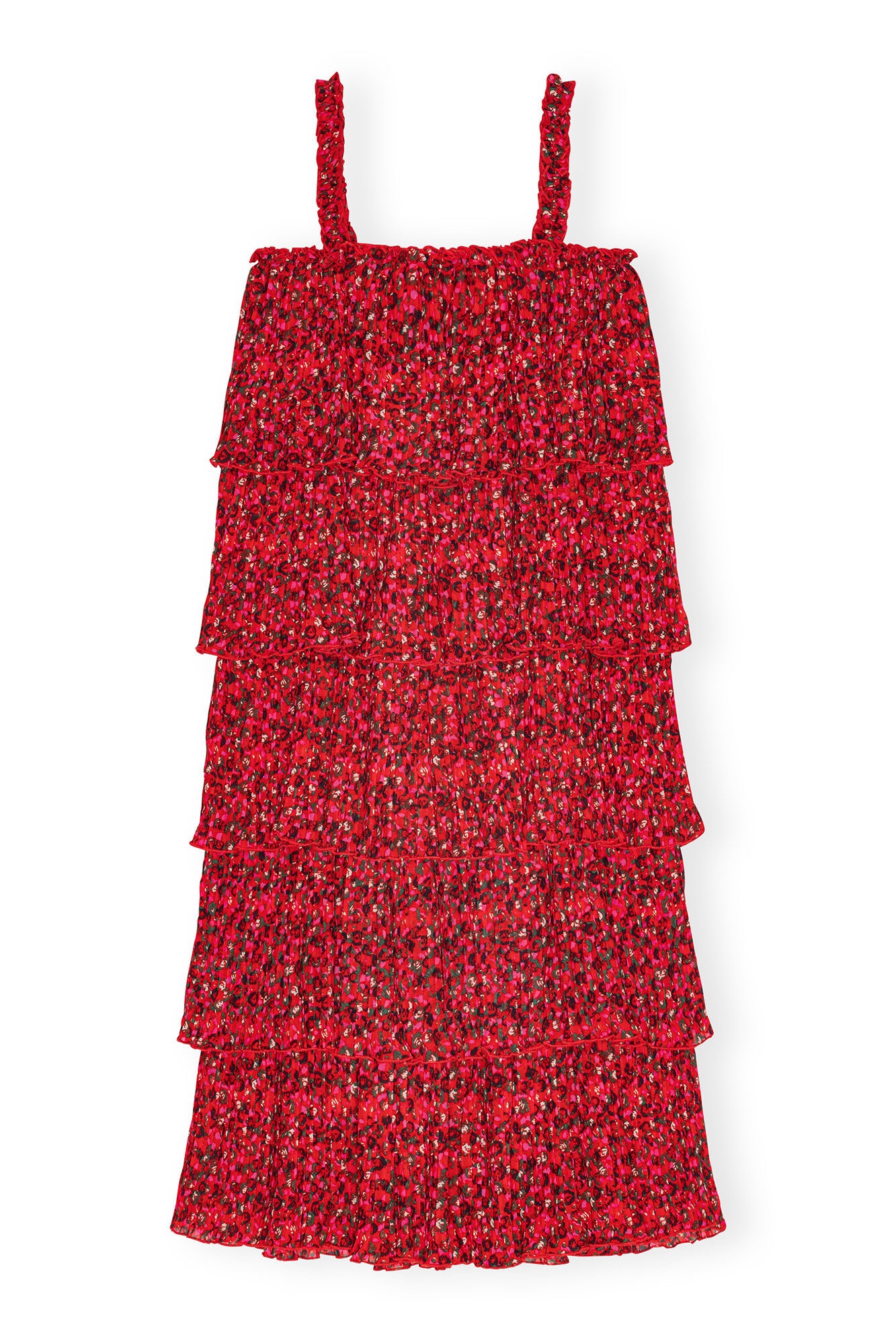 RED PLEATED GEORGETTE FLOUNCE STRAP MIDI DRESS - 1