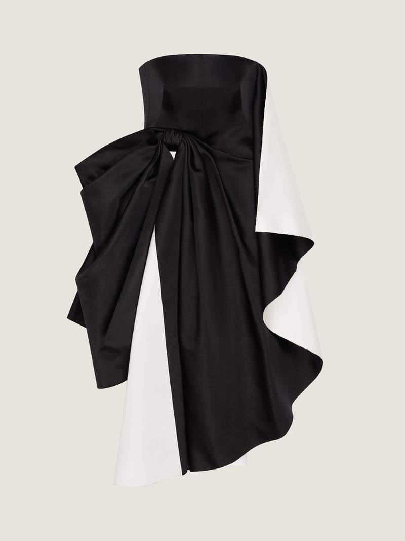 DRAPED BUSTIER EVENING DRESS IN SATIN WITH BOW DETAIL 1