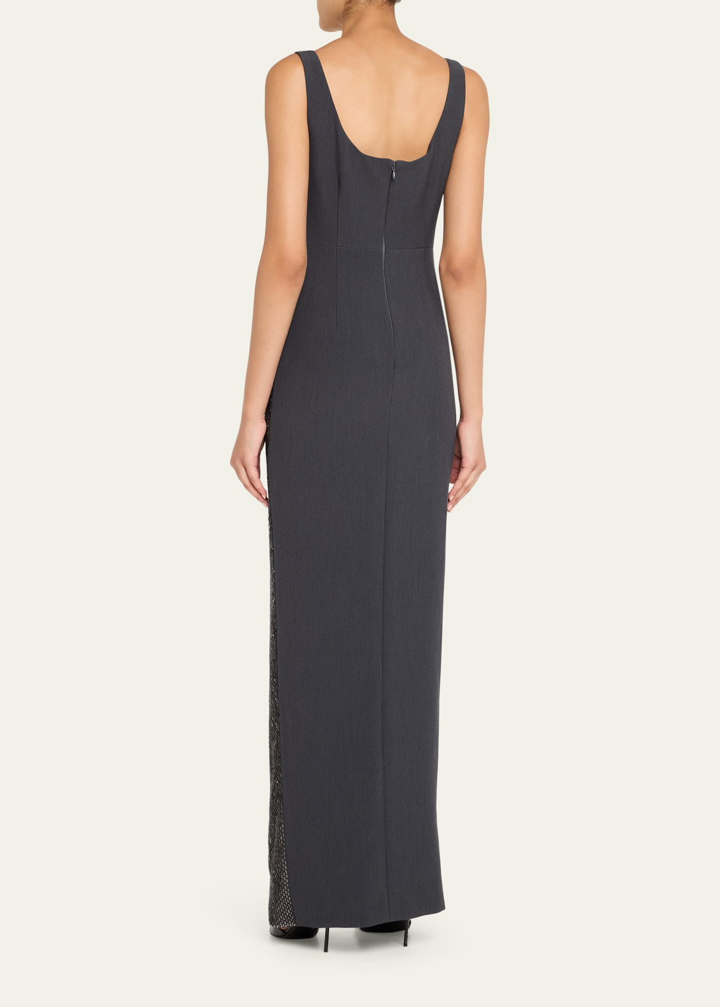 V-Neck Diamante Crepe Sleeveless Gown - 3