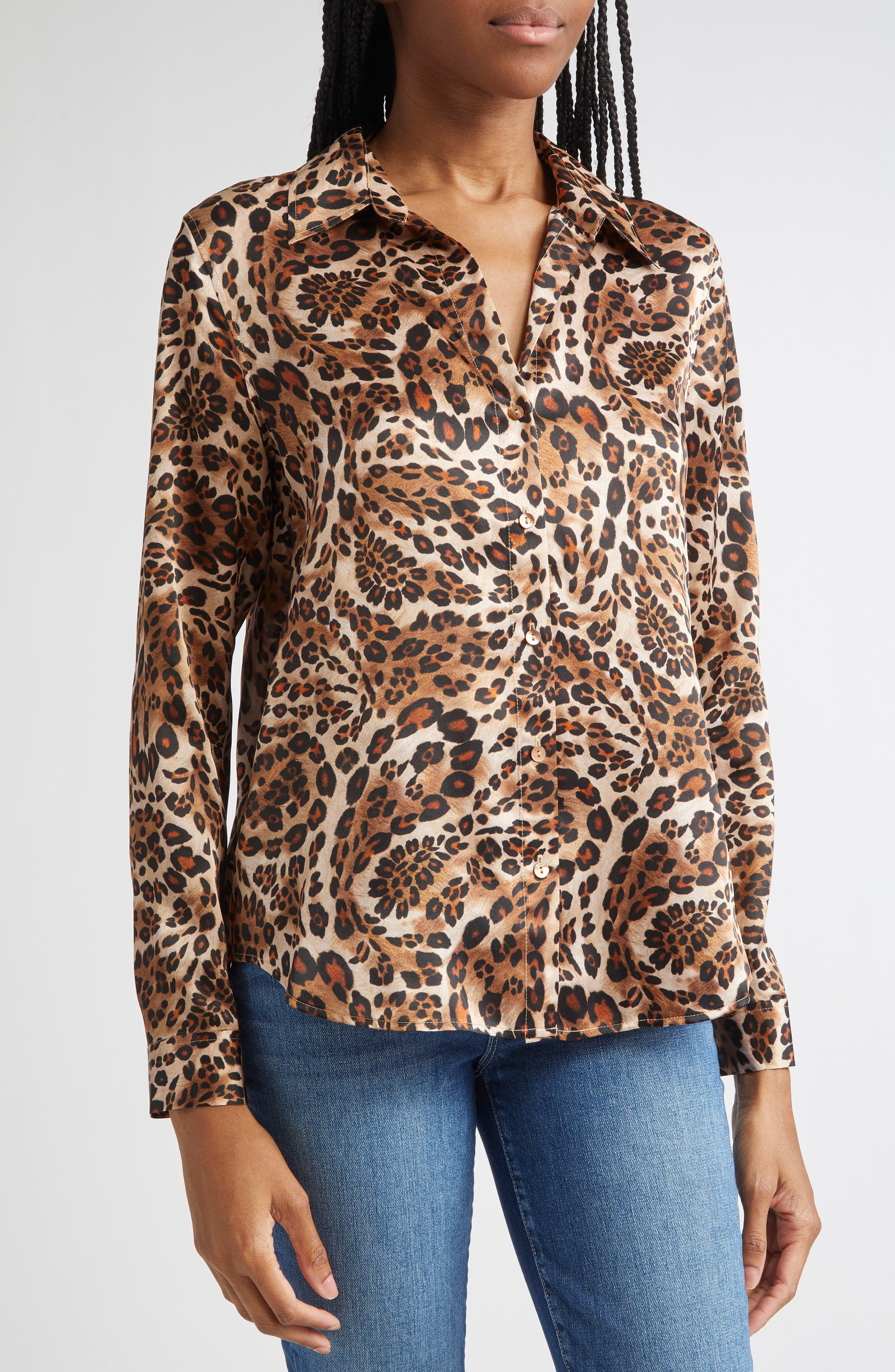 L'AGENCE Tyler Leopard Print Silk Button-Up Shirt in Cinnamon at Nordstrom - 4