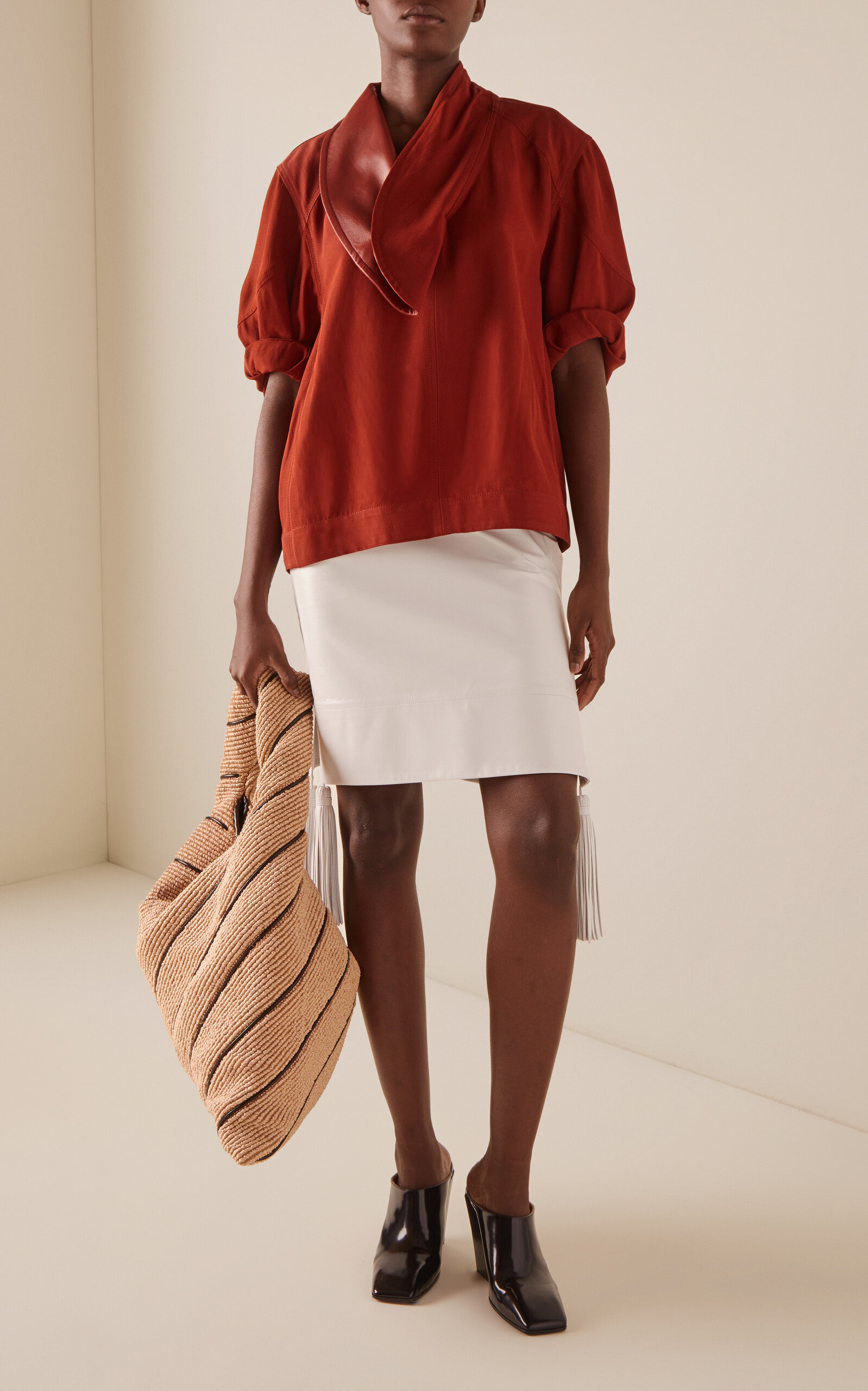 Leather-Trimmed Linen-Blend Cocoon Shirt red - 2