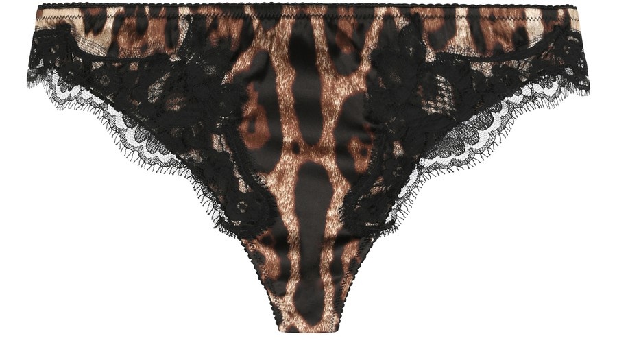 Leopard-print satin thong with lace detailing - 1