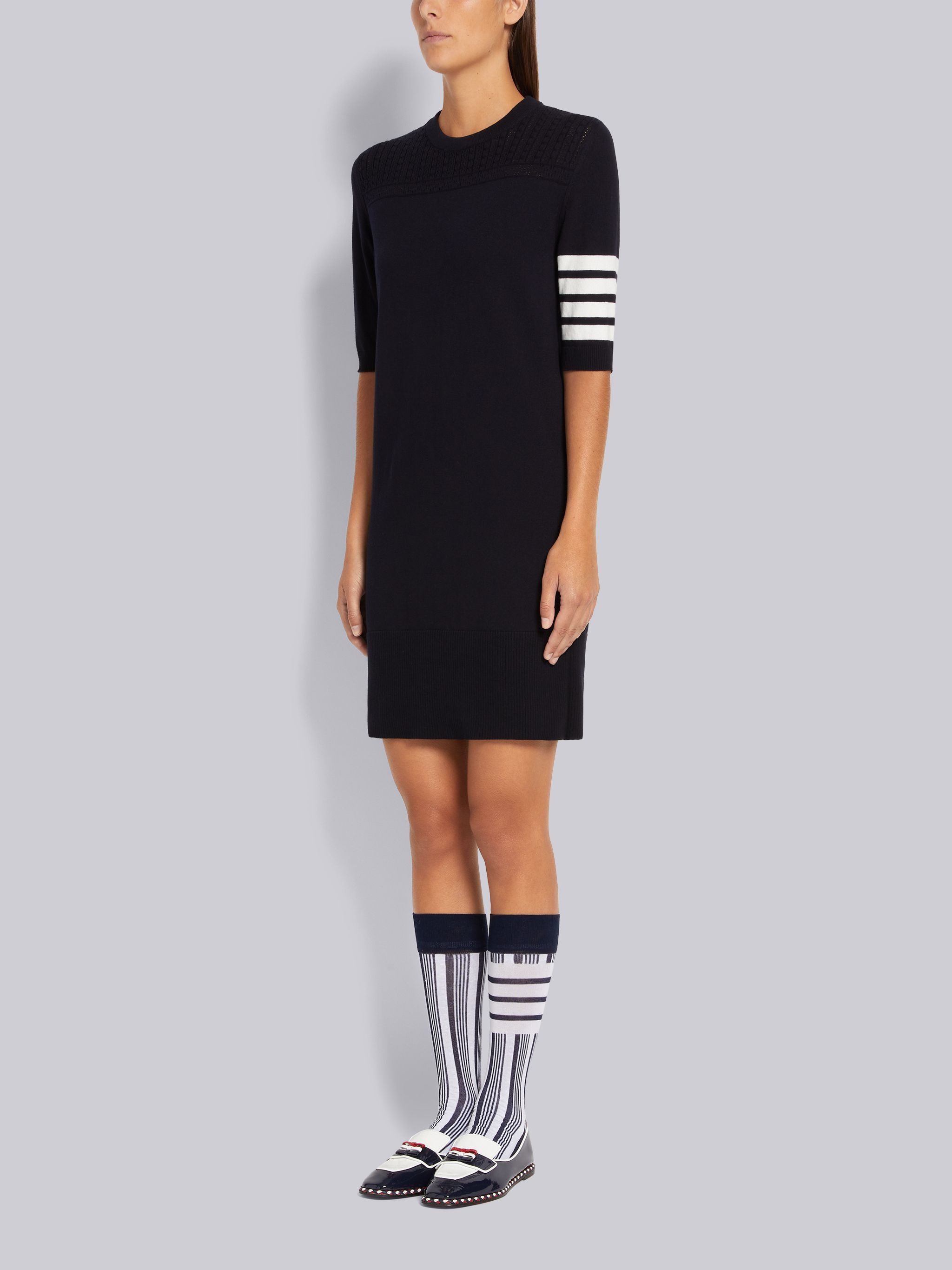 Navy Cotton Hector Medallion 4-Bar Short Sleeve Mini Dress - 2