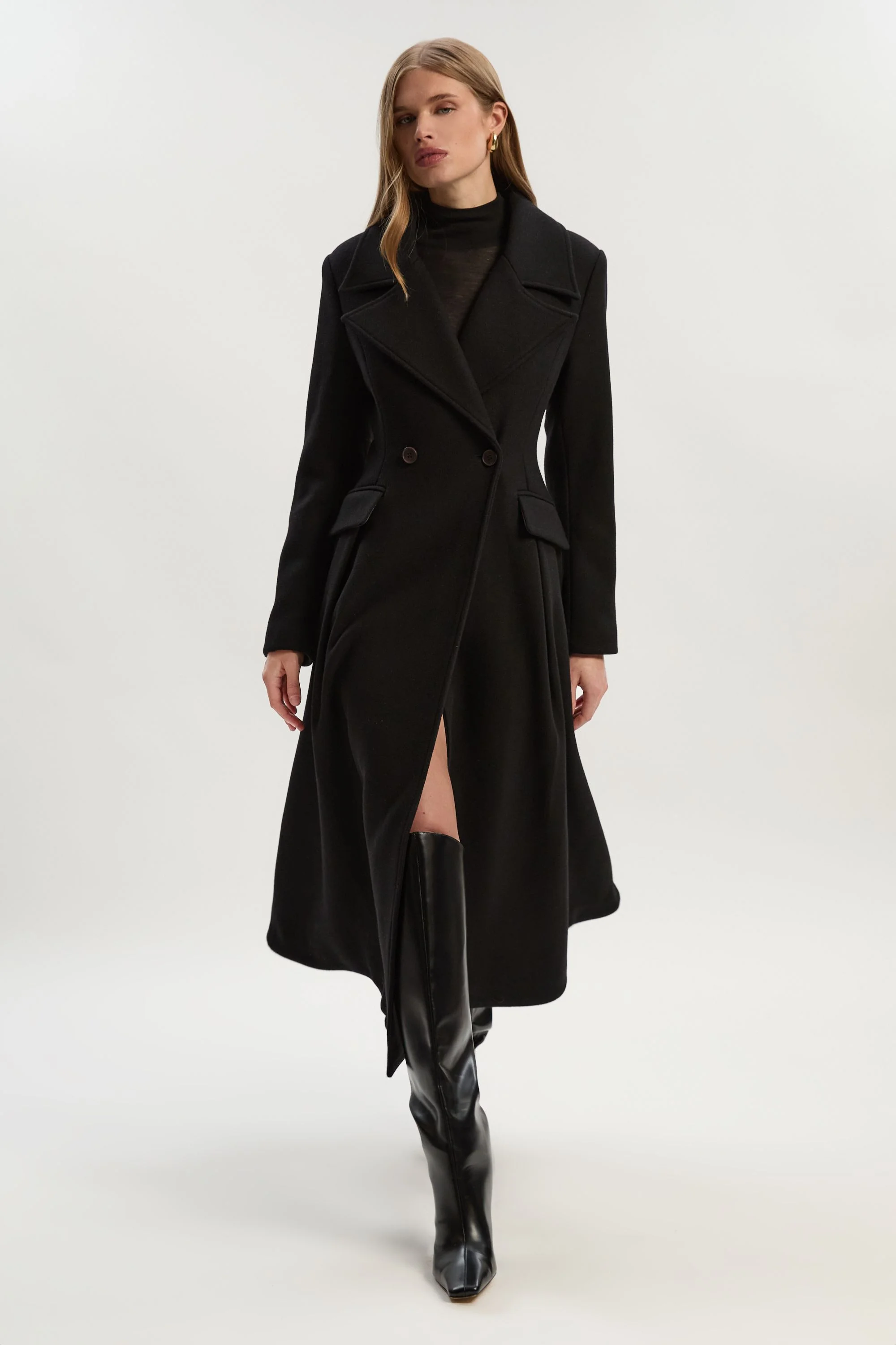 Wool Tailored Flared Skirt Midi Coat - 1