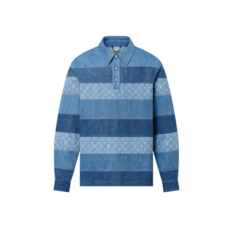 Patchwork Long-Sleeved Denim Polo Shirt 1