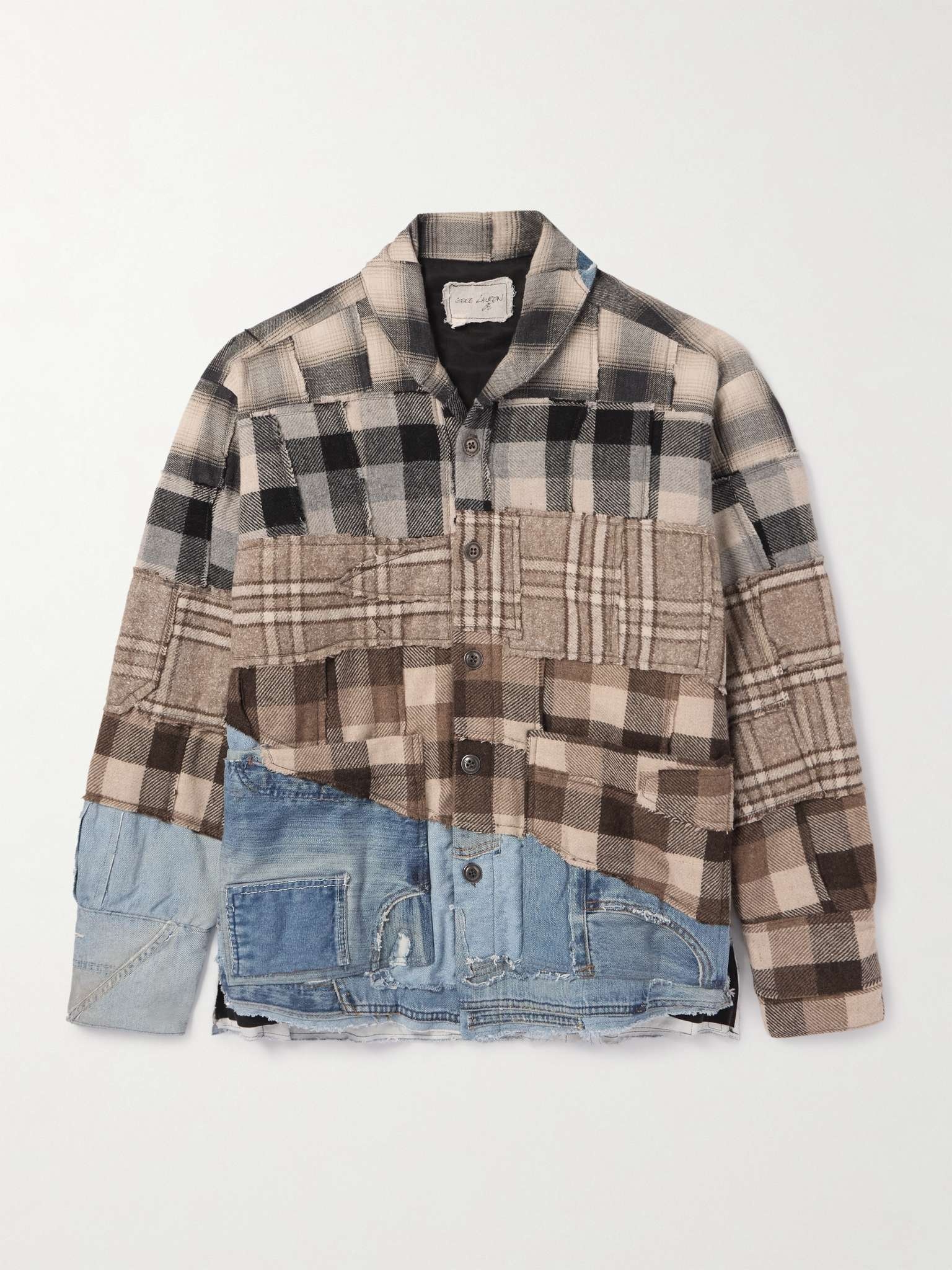 Patchwork Denim-Trimmed Checked Flannel Overshirt - 1