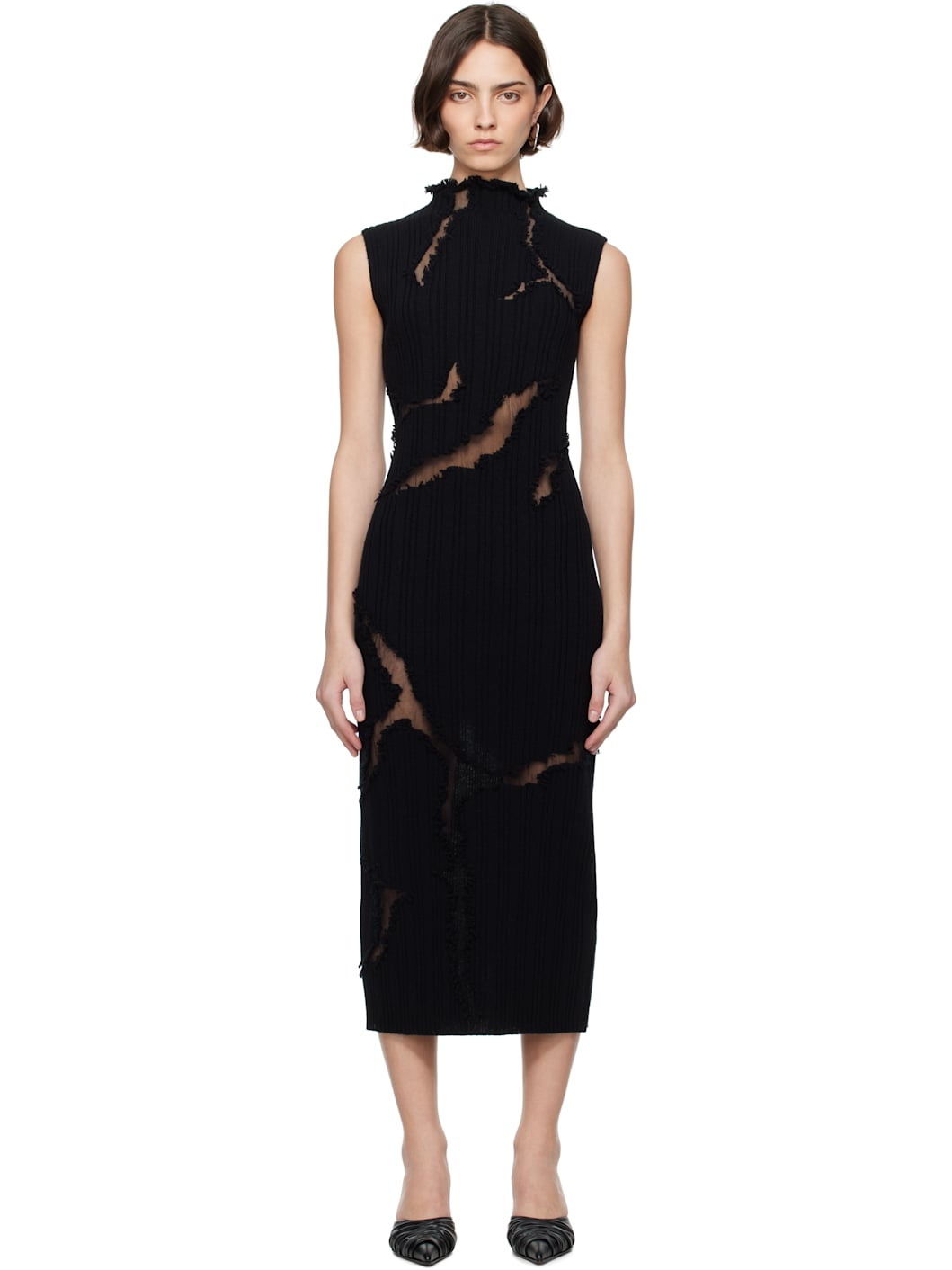 Black Distressed Detail Knit Midi Dress - 1