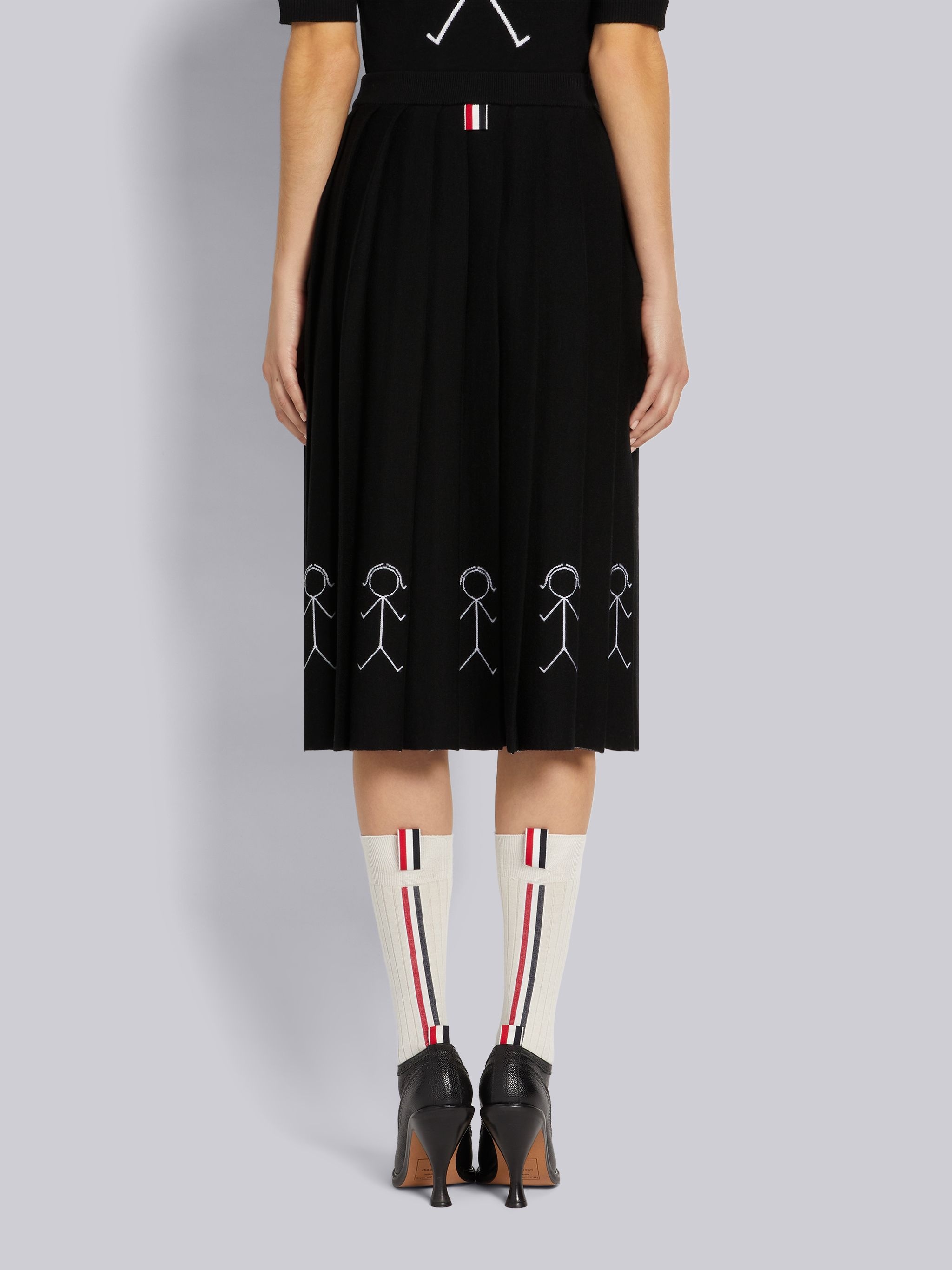 Black Fine Merino Wool Mrs. Thom Intarsia Below-the-Knee Pleated Skirt - 3