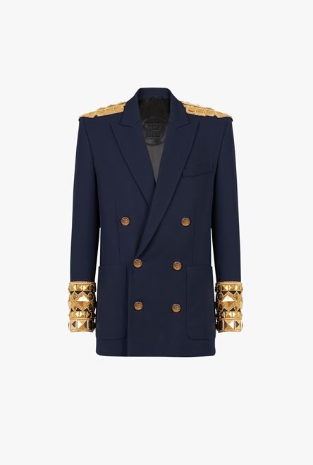 Navy blue twill blazer with double-breasted gold-tone buttoned fastening - 1