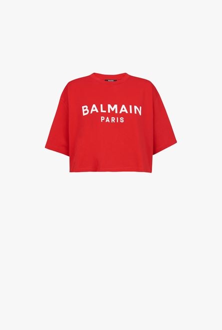 Cropped red eco-designed cotton T-shirt with white Balmain logo print - 1