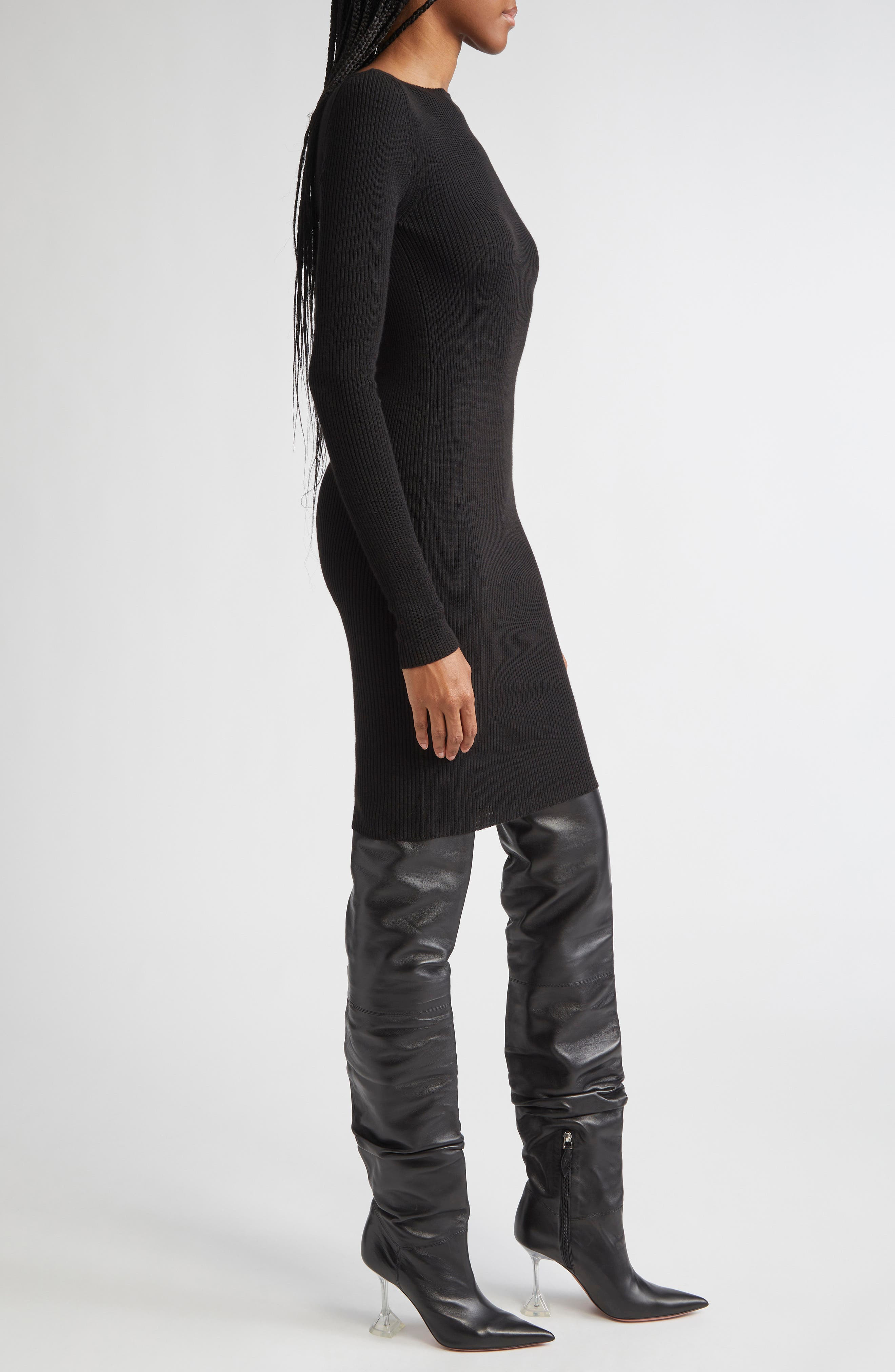 Rick Owens Long Sleeve Rib Virgin Wool Sweater Dress in Black at Nordstrom - 3