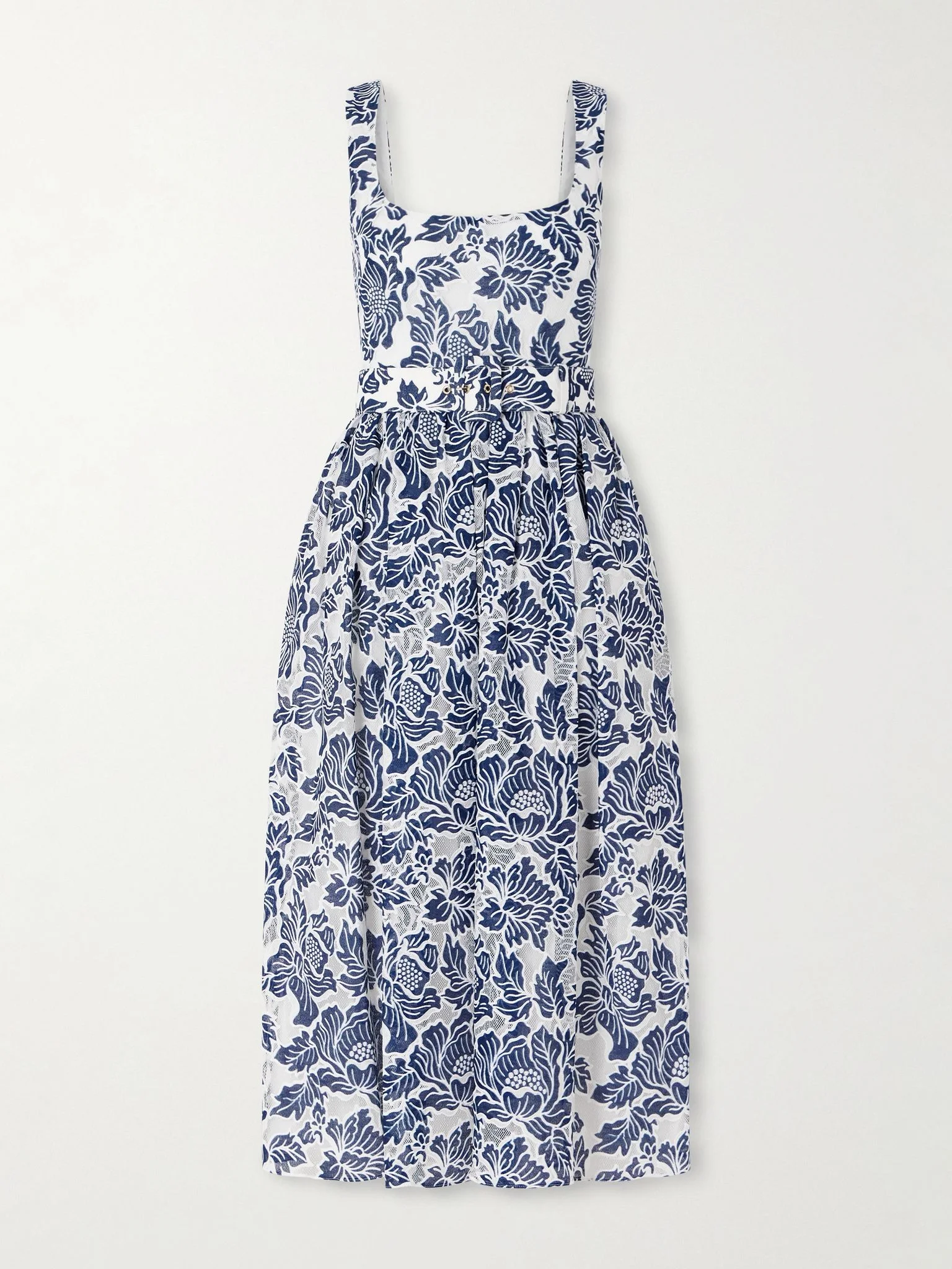 Mackenzie belted lace-paneled cotton-blend midi dress Royal blue - 1