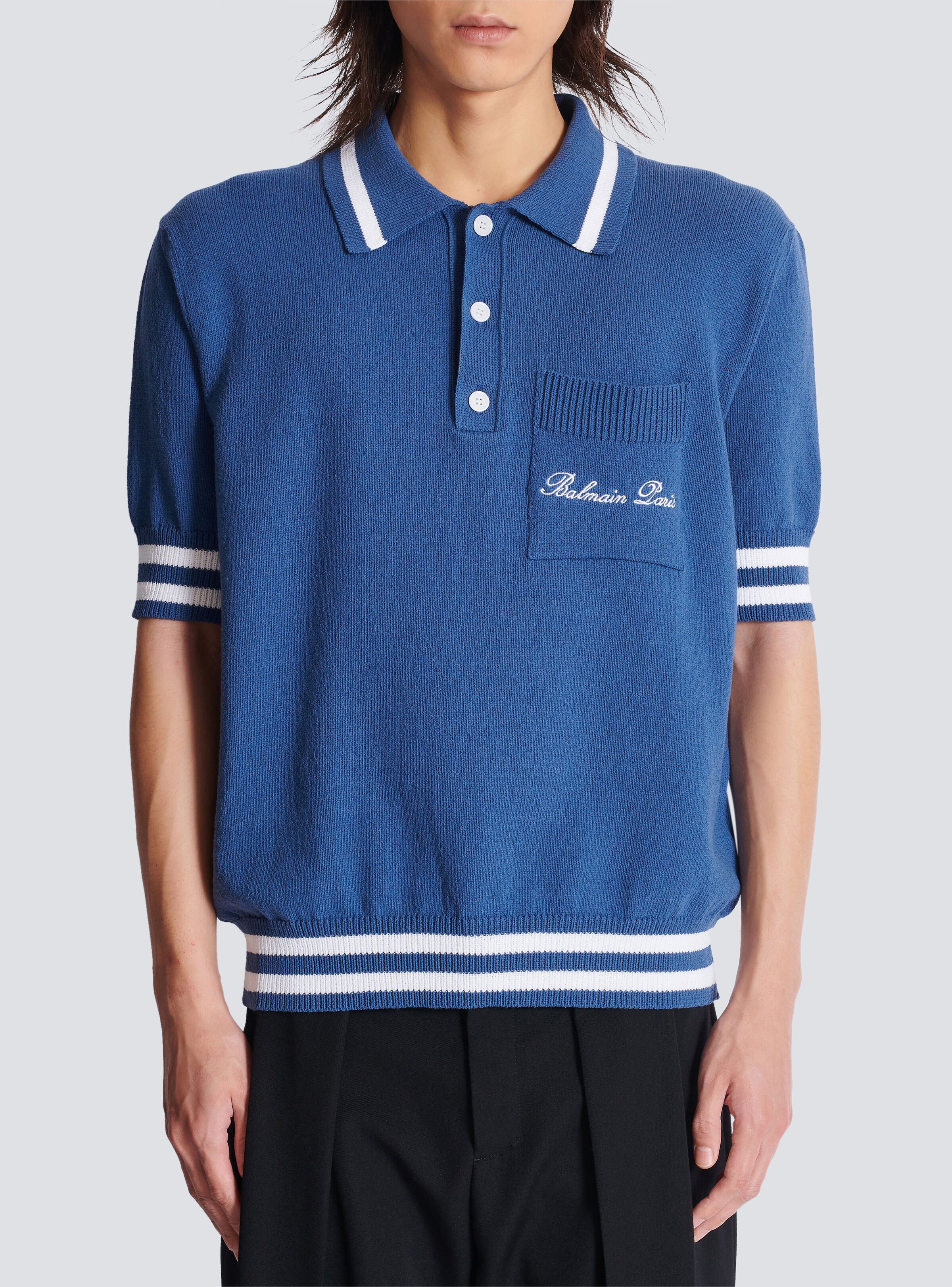 Cotton-linen polo shirt with Balmain Signature embroidery - 5