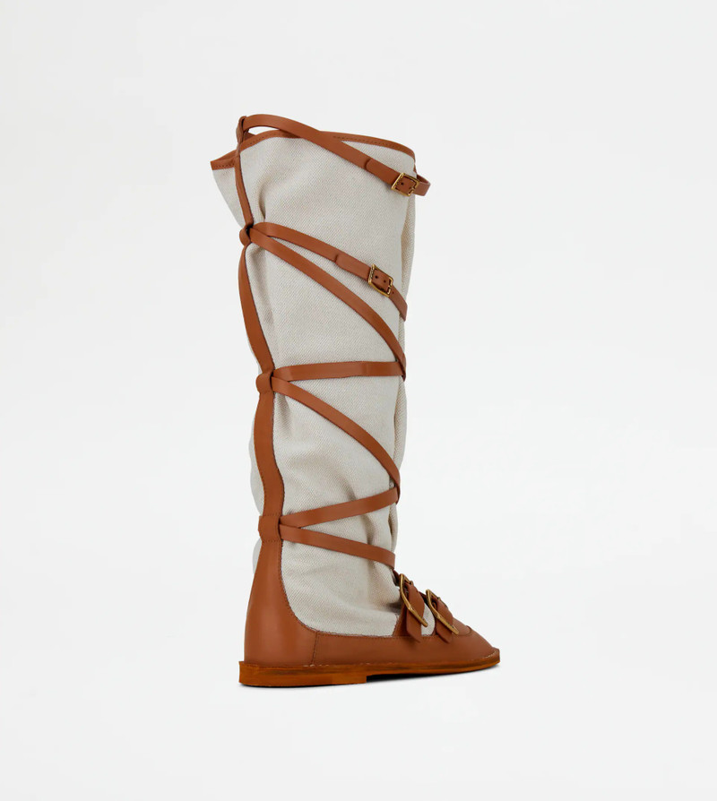 Tod's BOOTS IN LEATHER AND CANVAS - OFF WHITE, BEIGE outlook