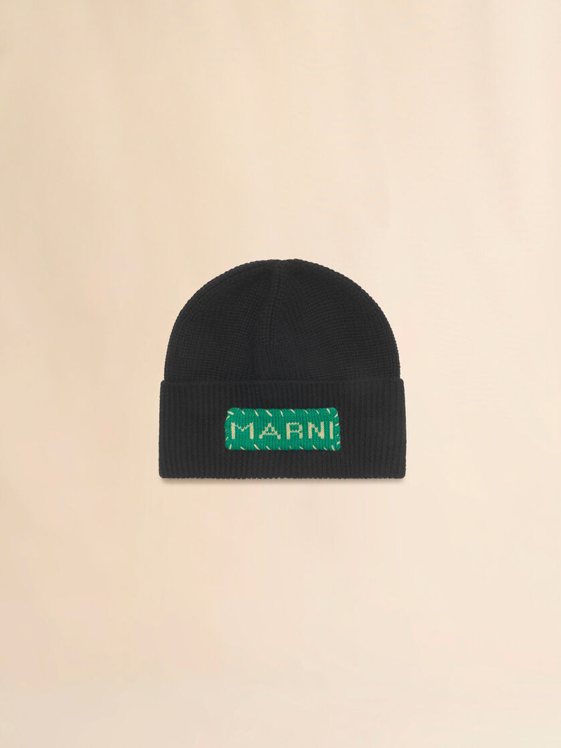 BLACK WOOL FISHERMAN'S RIB BEANIE WITH MARNI PATCH 1