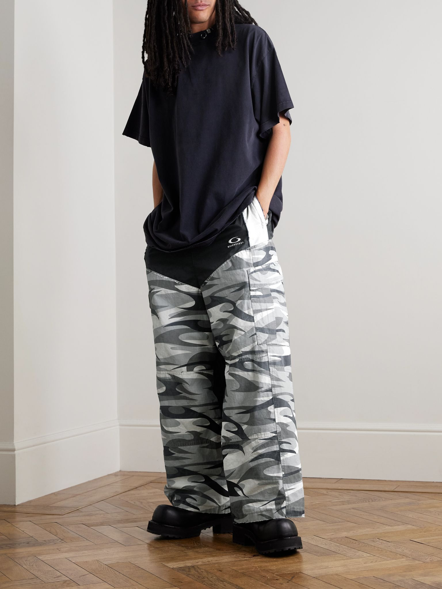 Wide-Leg Panelled Cotton-Poplin and Camouflage-Print Ripstop Cargo Track Pants Black - 2