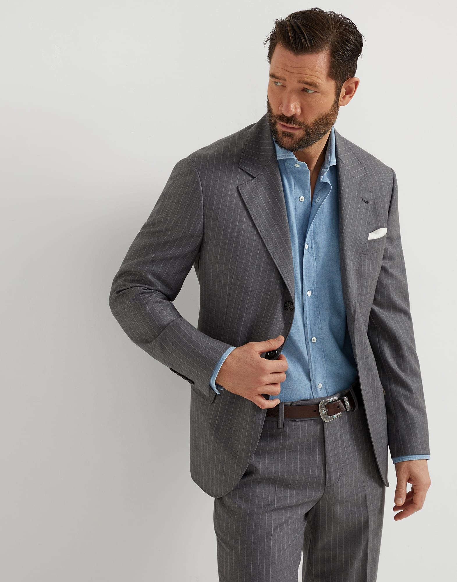 Denim-effect chambray basic fit shirt with spread collar - 4