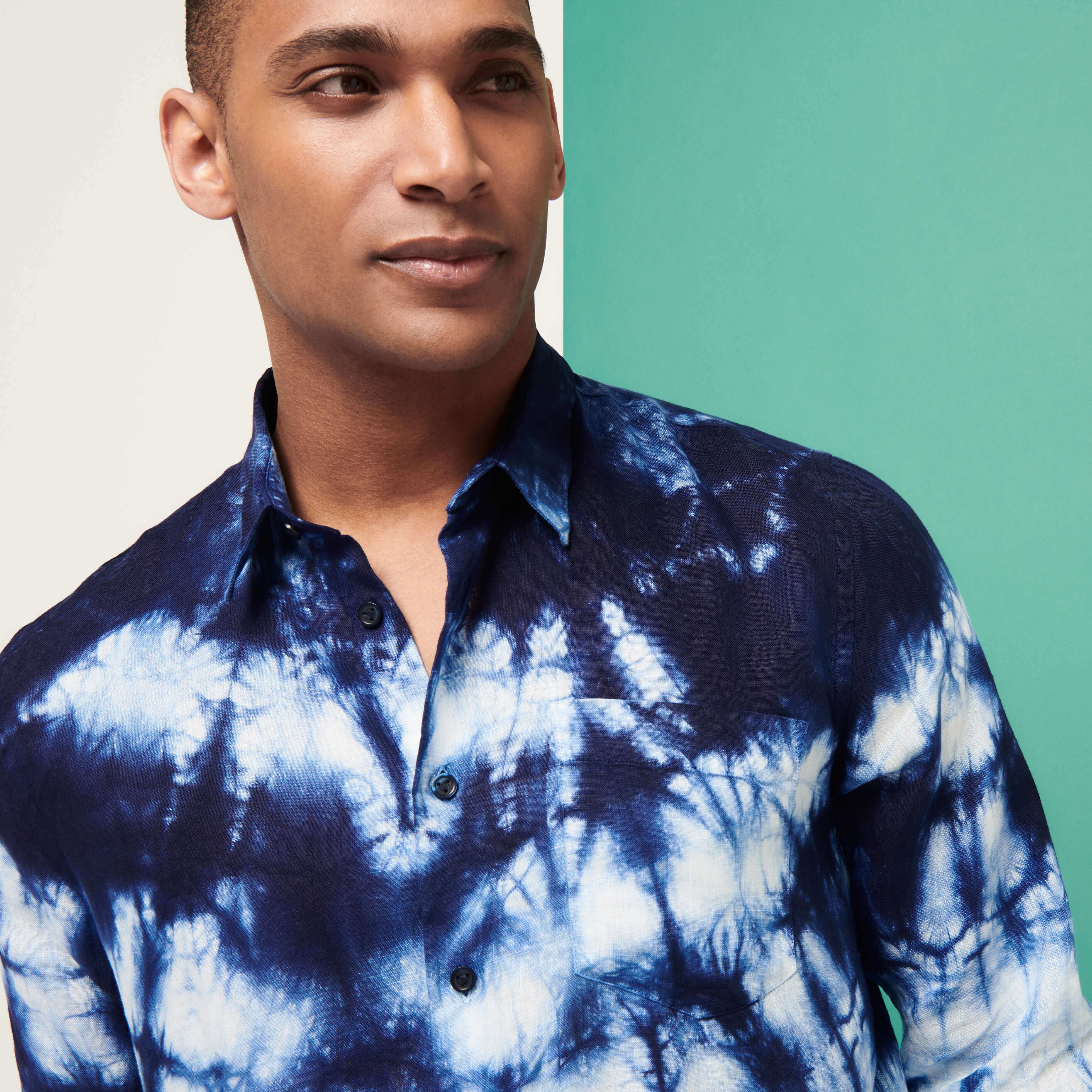 Men Bowling Shirt Linen and Cotton Fonds Marins Tie & Dye - 6