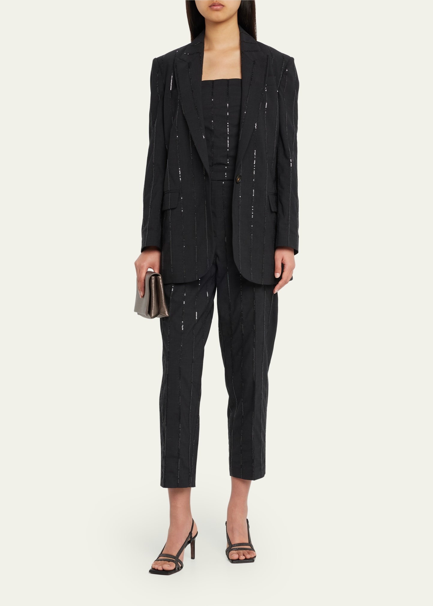 Vertical Beaded Pinstripe Wool Blazer Jacket - 2
