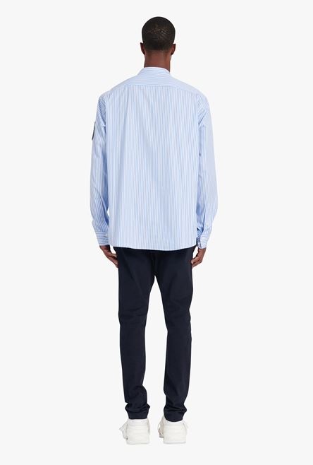 Striped pale blue cotton shirt with embroidered Balmain badge - 3
