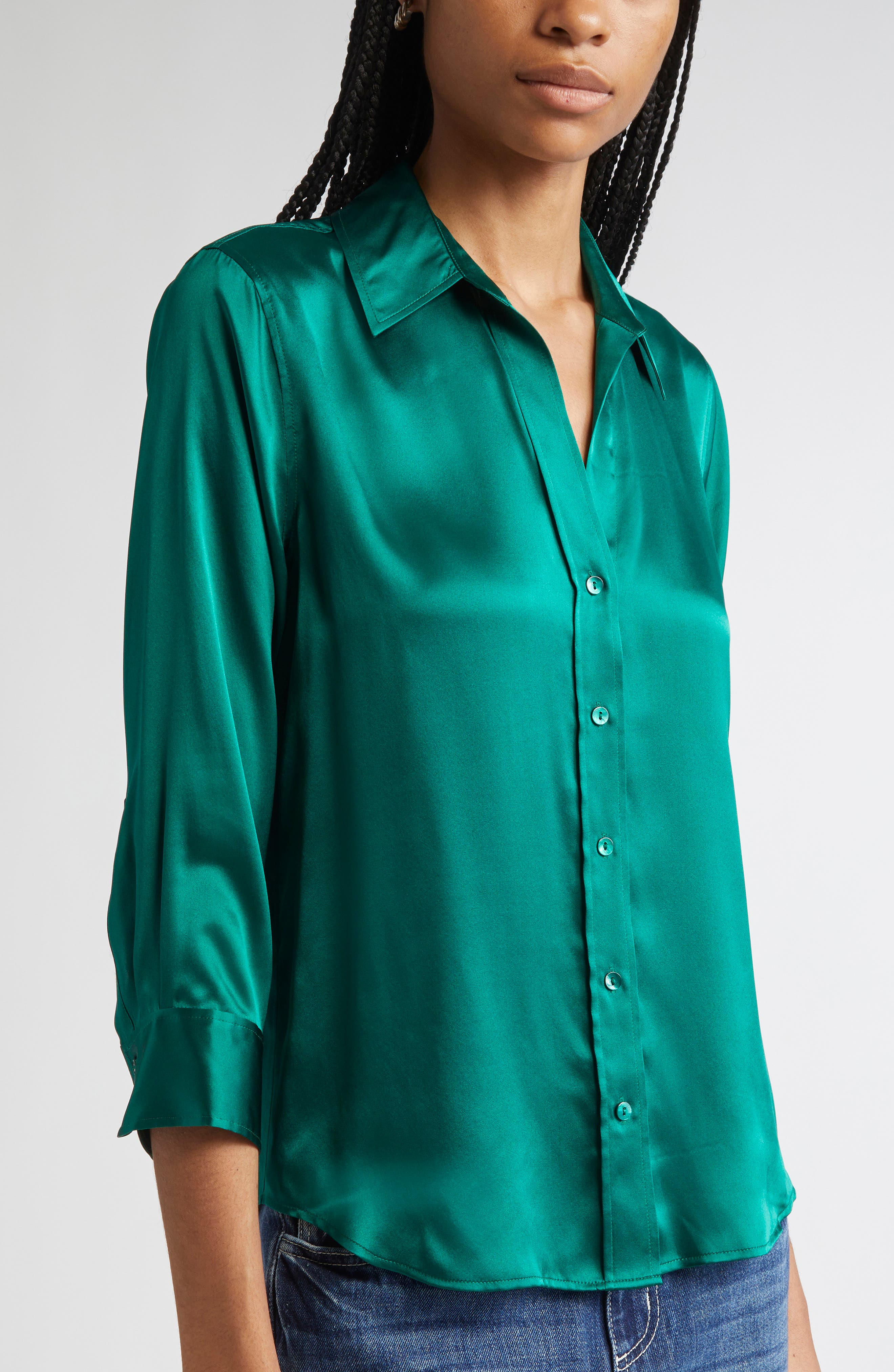 L'AGENCE Dani Silk Charmeuse Blouse in Bottle Green at Nordstrom - 4