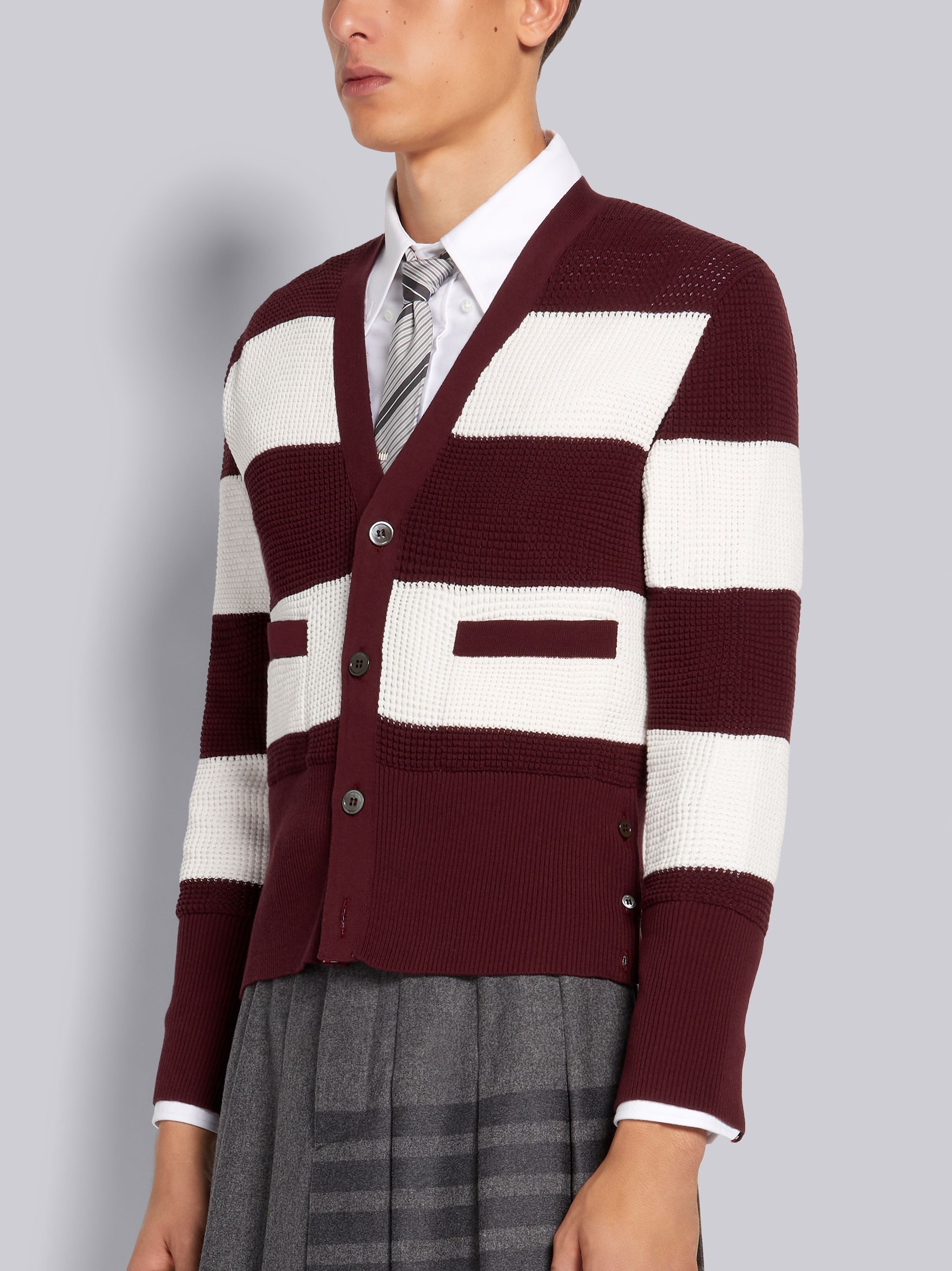 Dark Red Cotton Textured Rugby Stripe Classic Fit Cardigan - 2