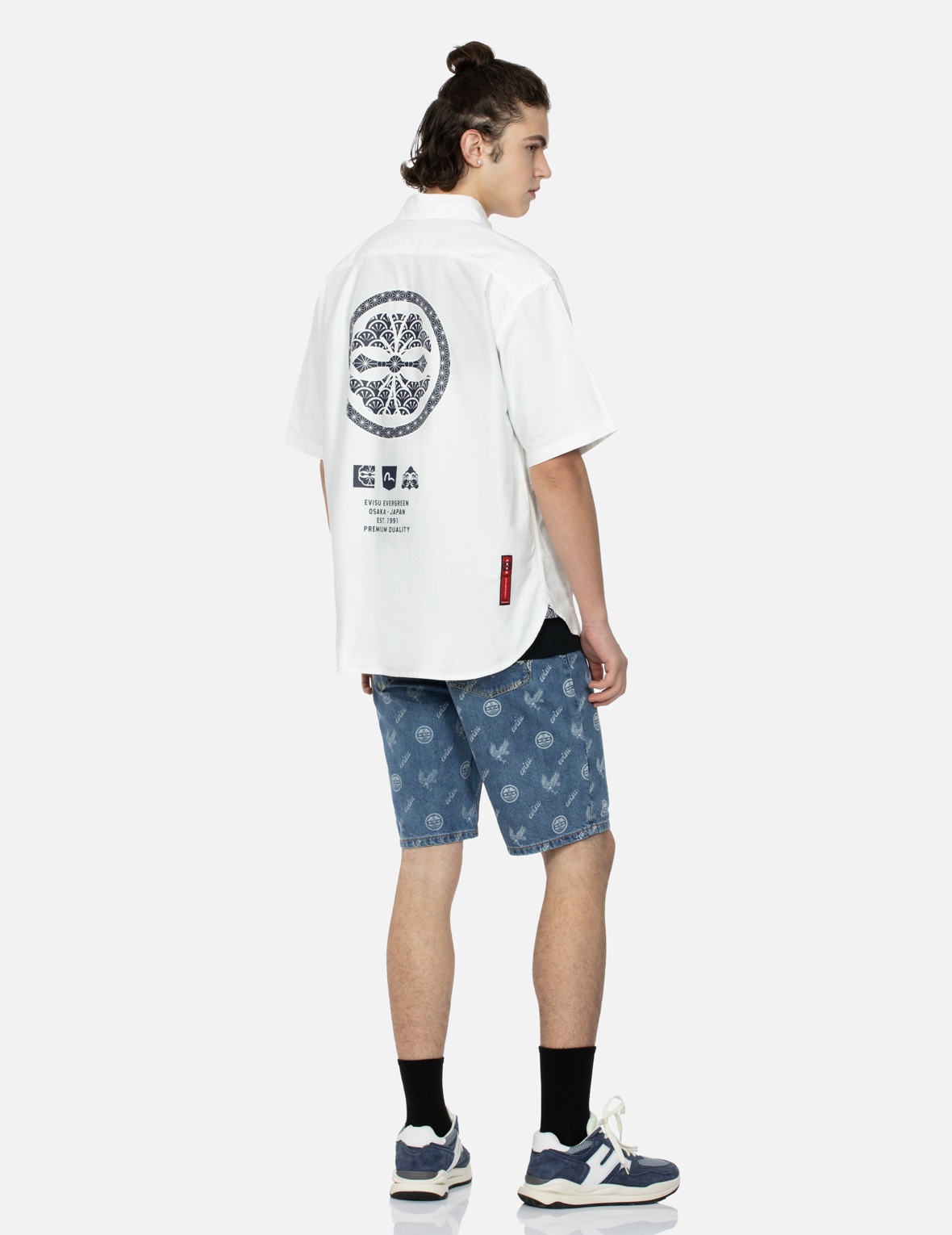 ALLOVER KAMON AND EAGLE PRINT DENIM SHORTS - 3