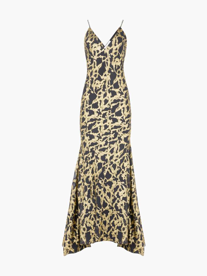 Long Marbled Gold Silk Dress - 1