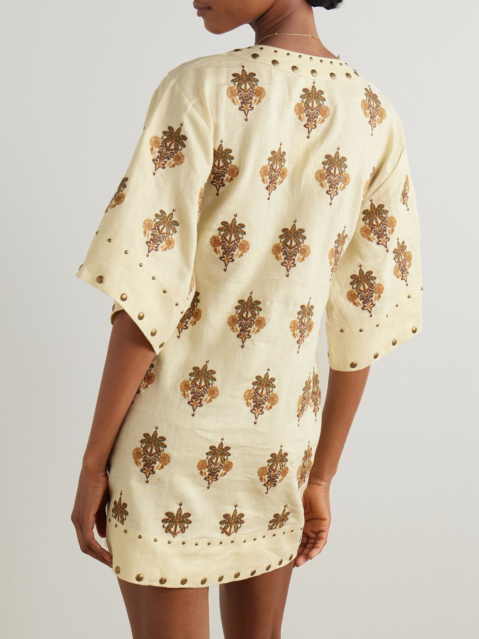 Studded embroidered linen mini dress Beige - 3
