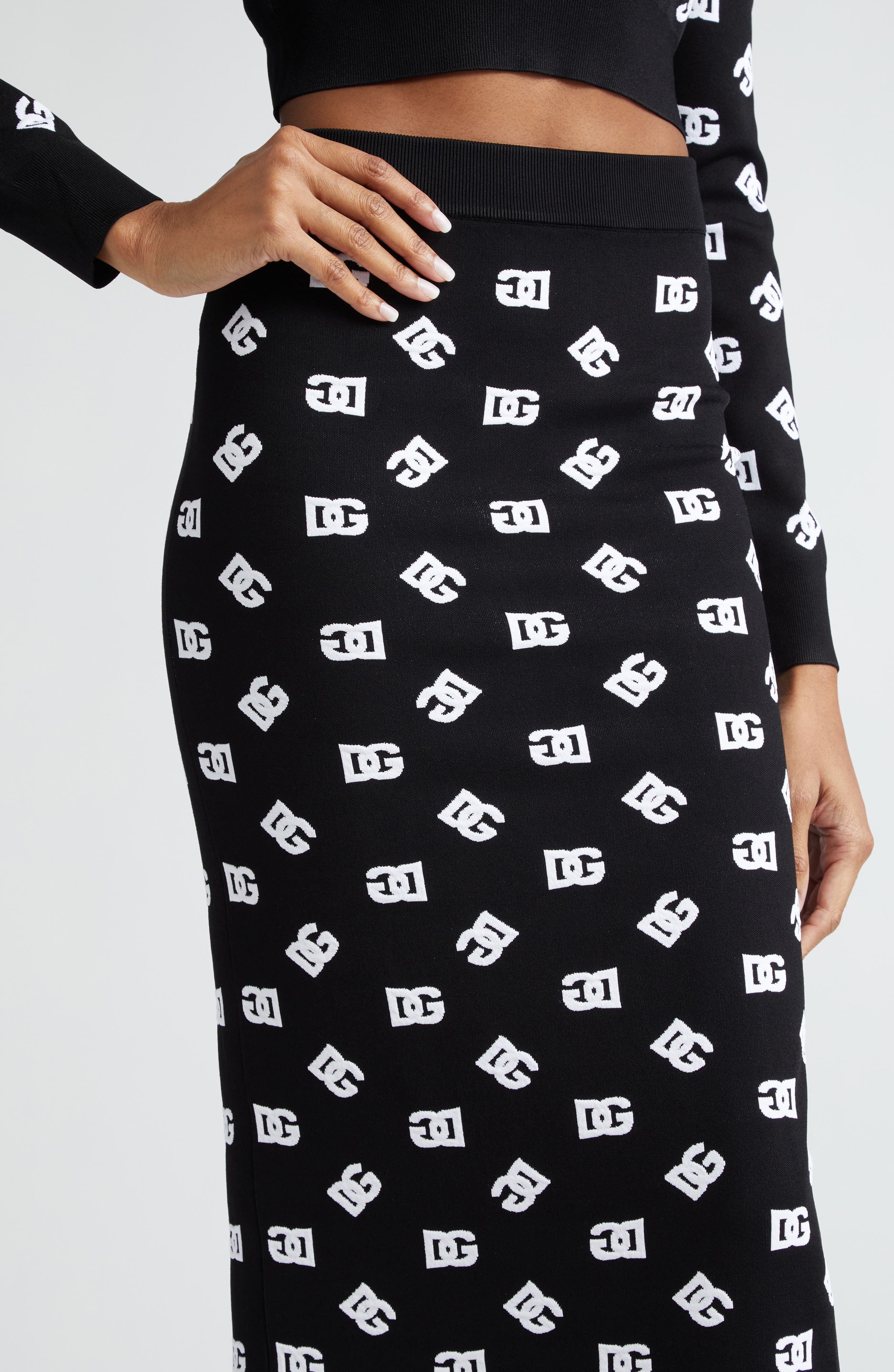 Dolce&Gabbana Monogram Jacquard Midi Sweater Skirt in Nero/Bianco at Nordstrom - 5