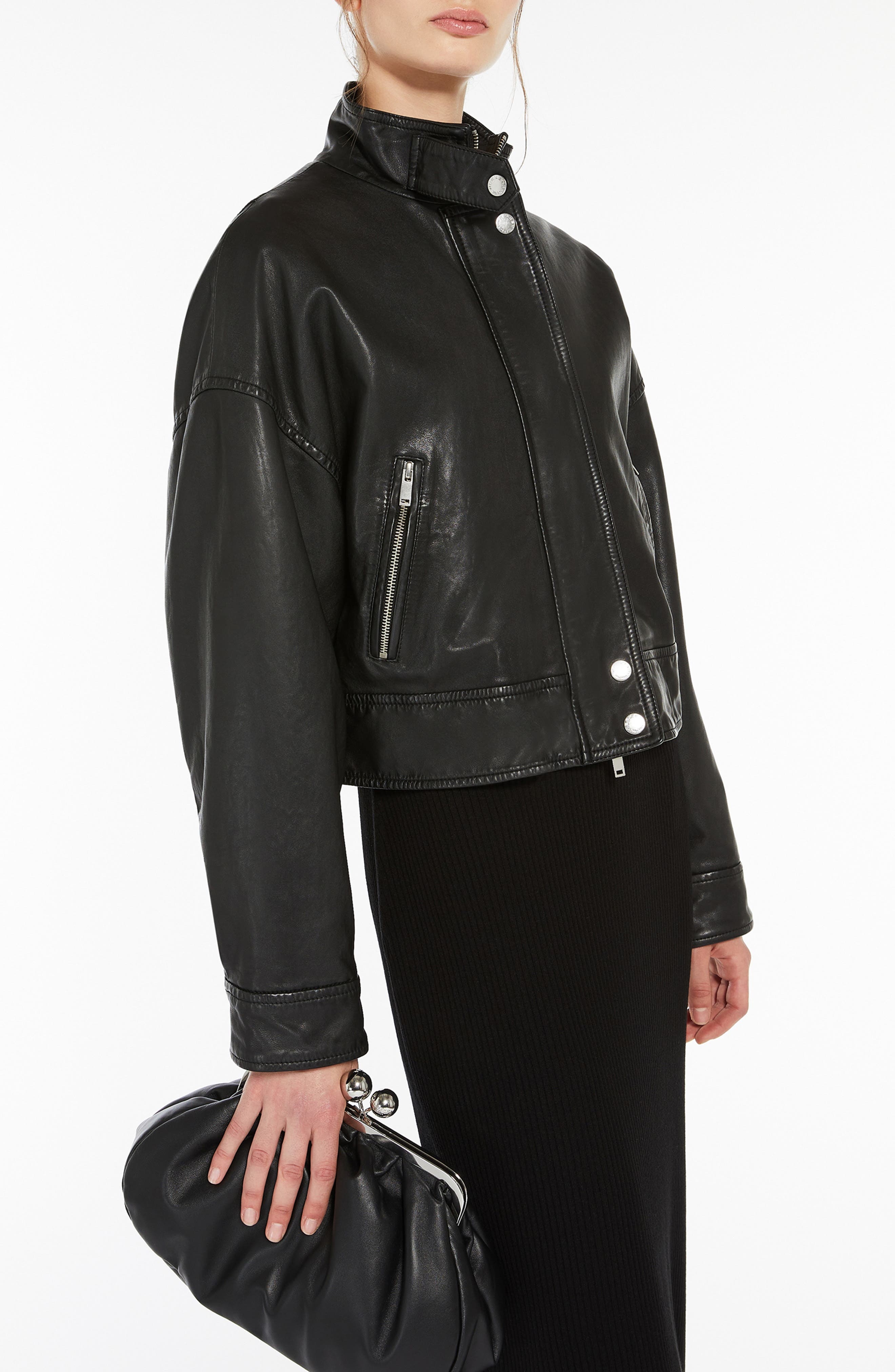 Weekend Max Mara Angel Stand Collar Leather Jacket in Black at Nordstrom - 3