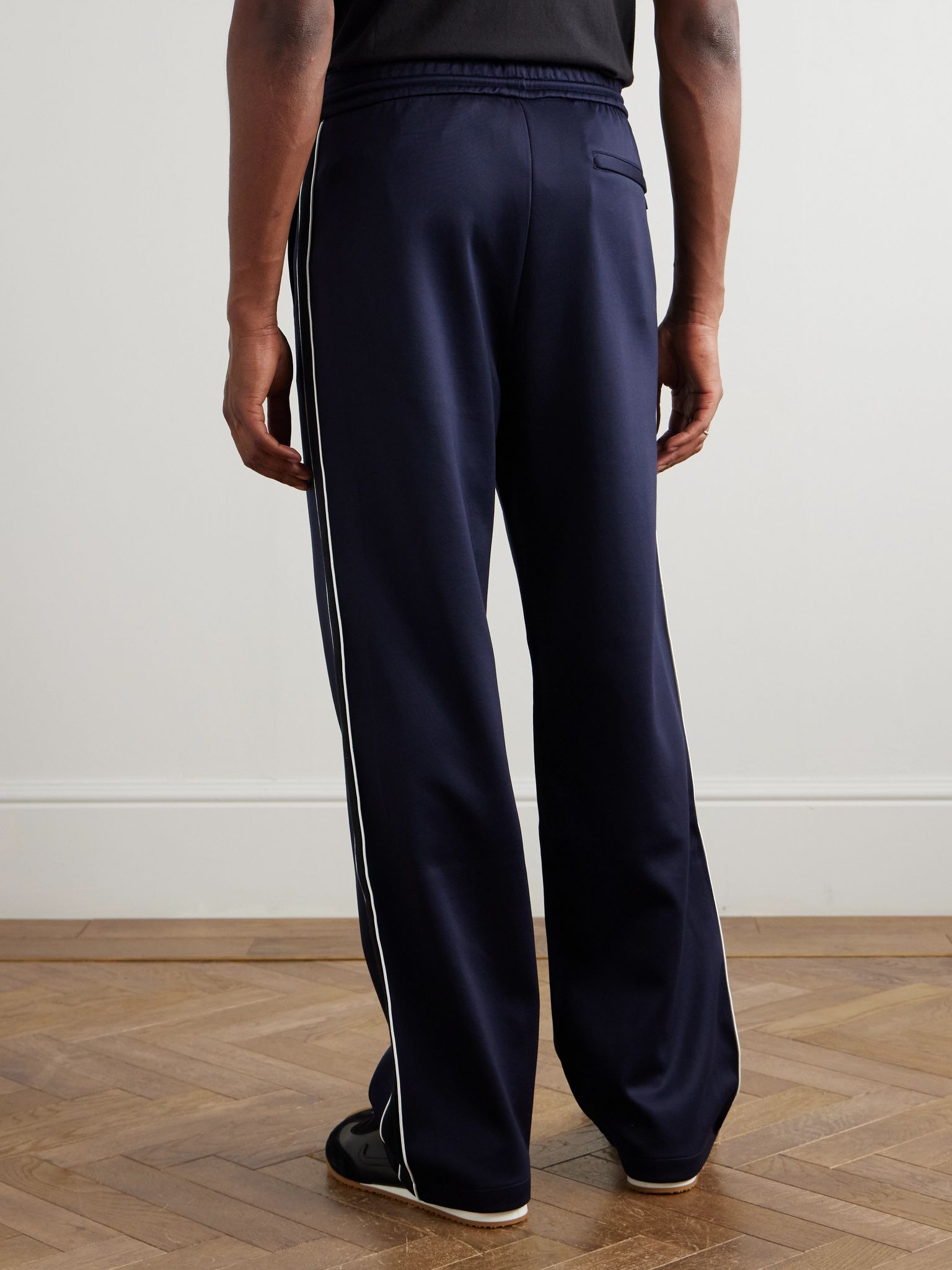 Straight-Leg Logo-Embroidered Herringbone-Striped Tech-Jersey Track Pants Navy - 4