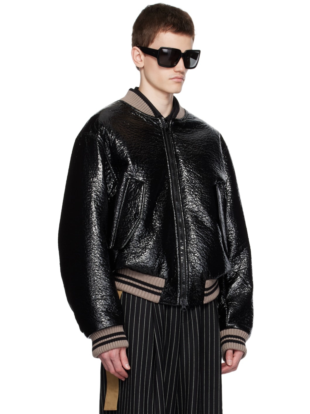 Black Crinkled Faux-Leather Bomber Jacket - 2