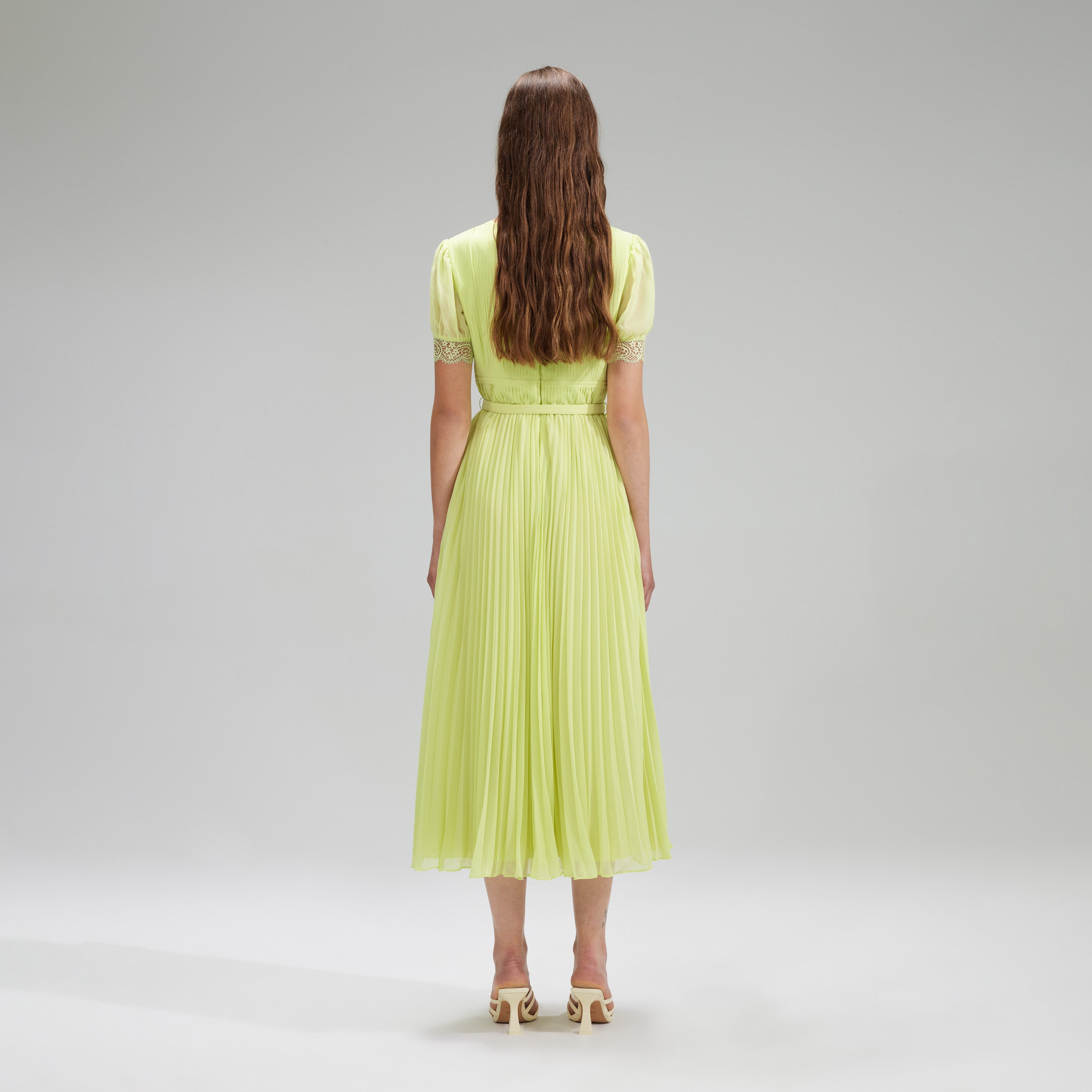 Lime Chiffon Midi Dress Lace Detail - 3