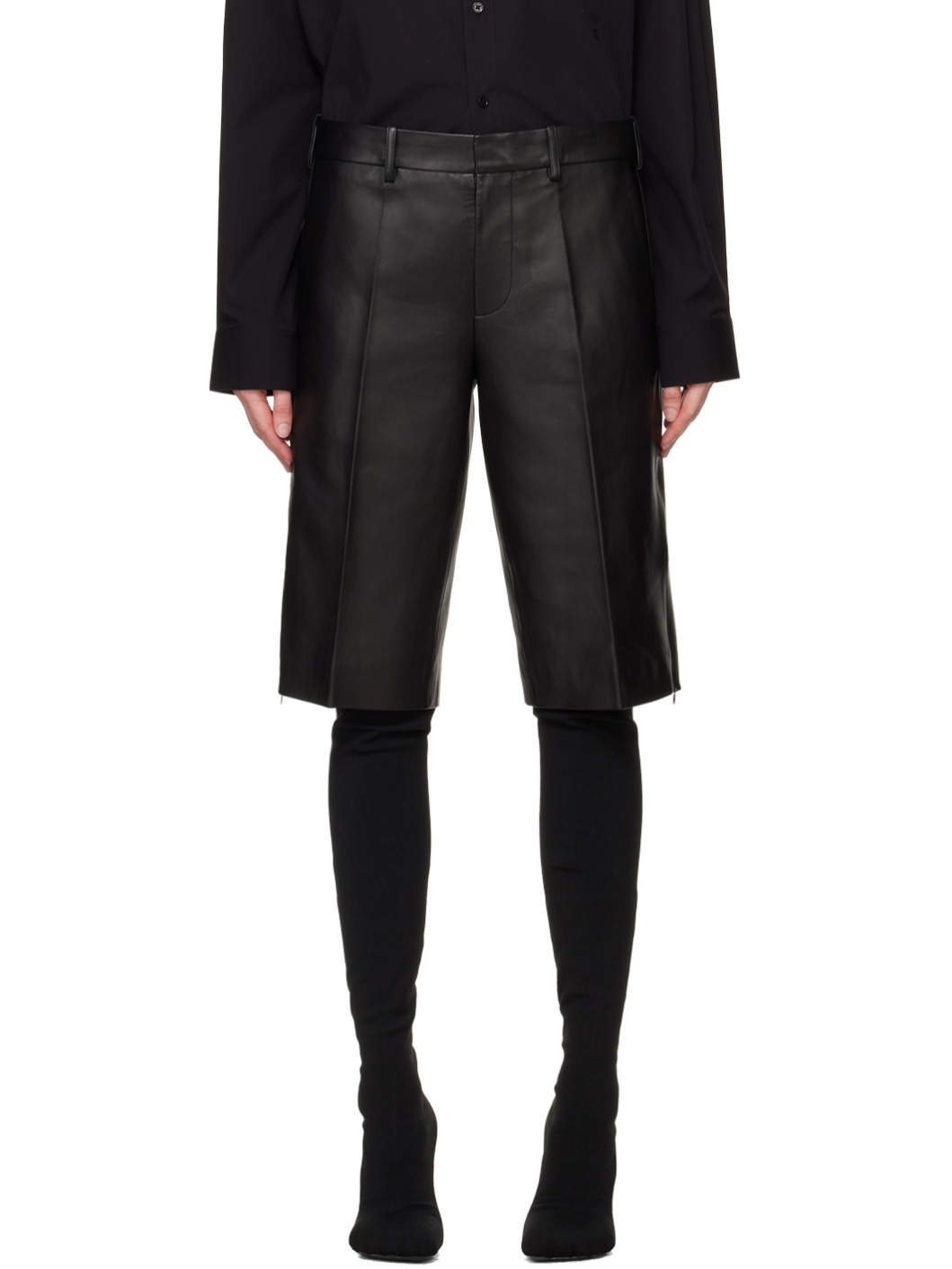Black Straight-Leg Leather Shorts - 1