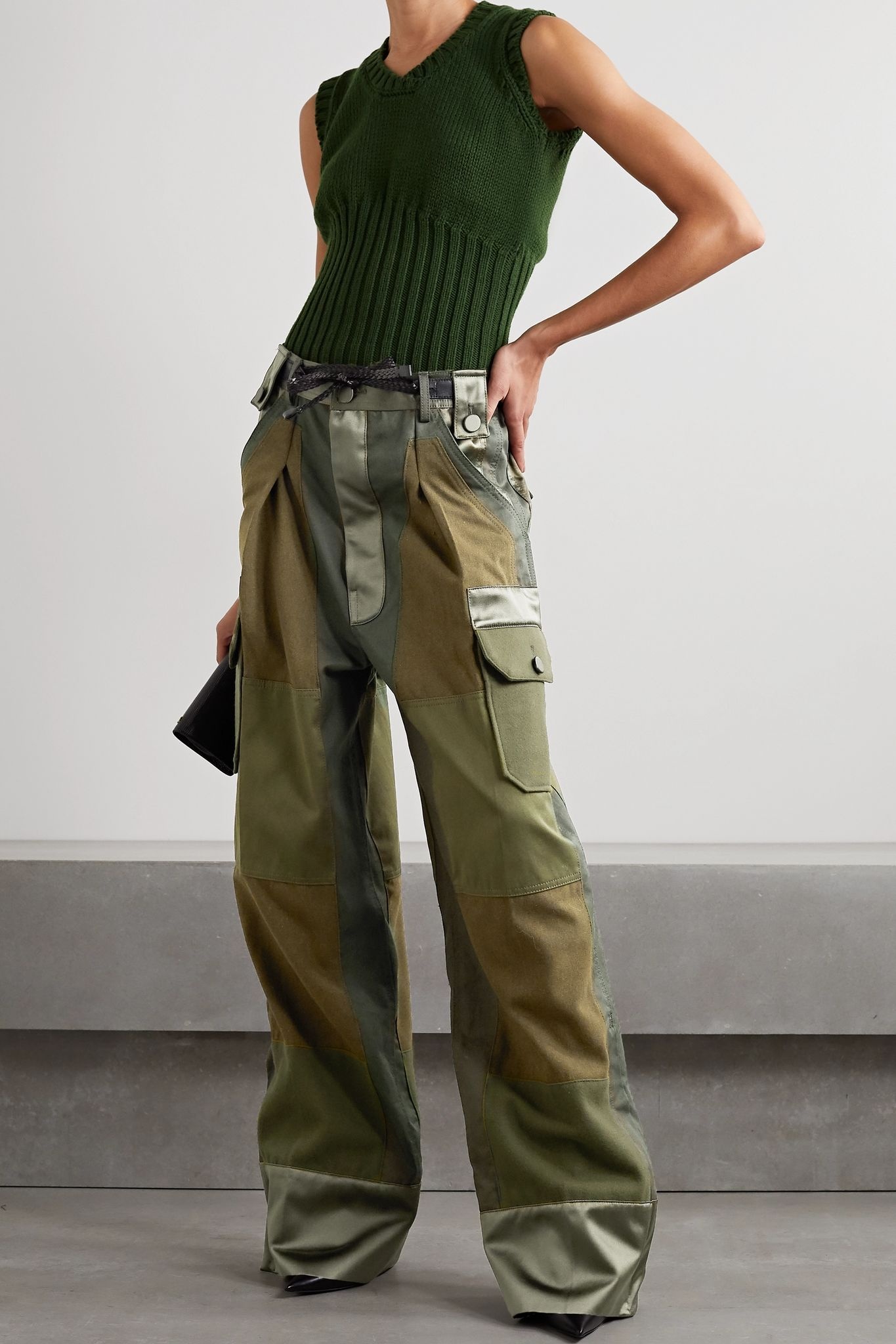 Paneled cotton-twill, wool-flannel and silk-satin cargo pants - 2