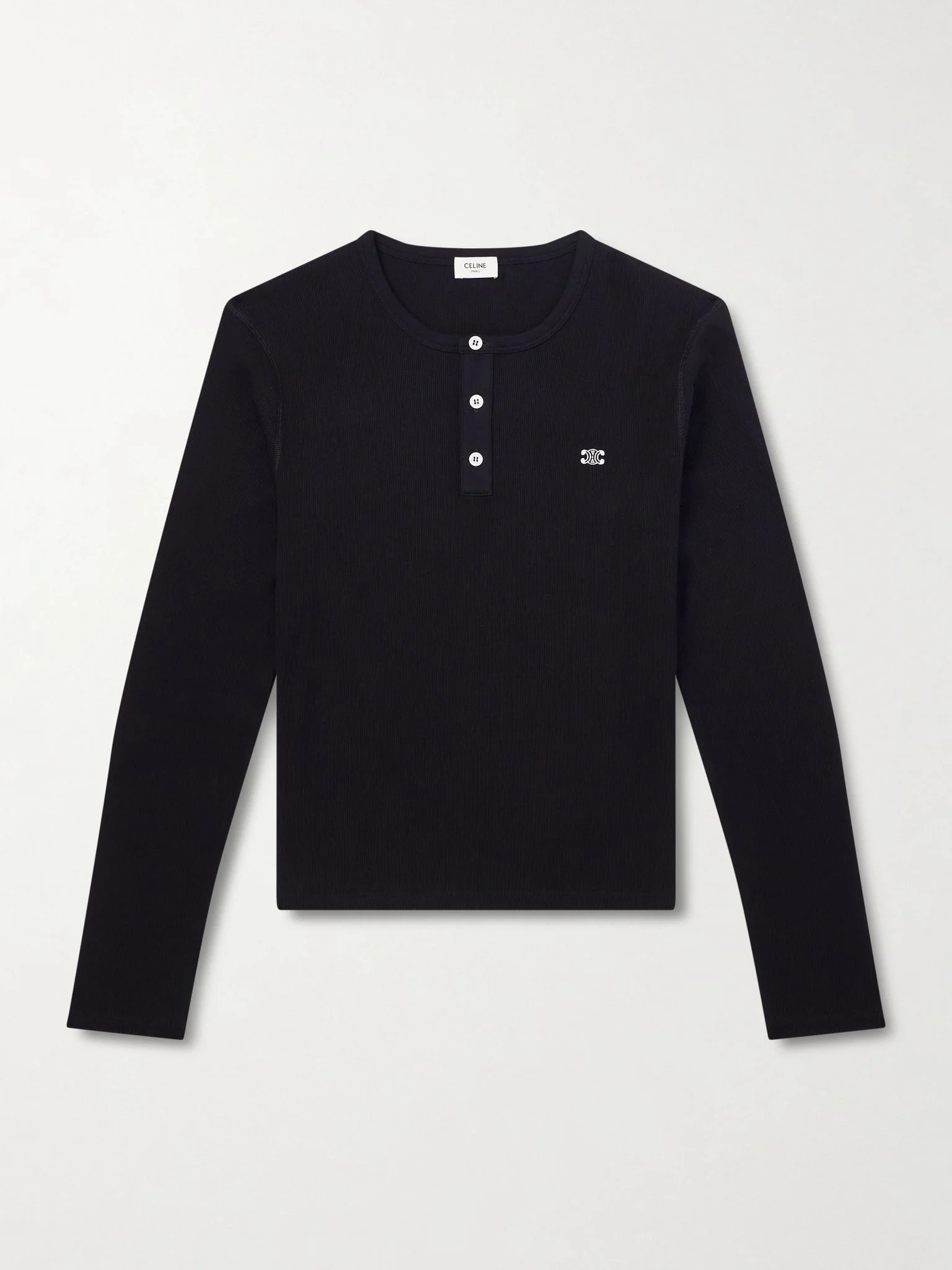 Slim-Fit Logo-Embroidered Ribbed Cotton-Jersey Henley T-Shirt Black - 1