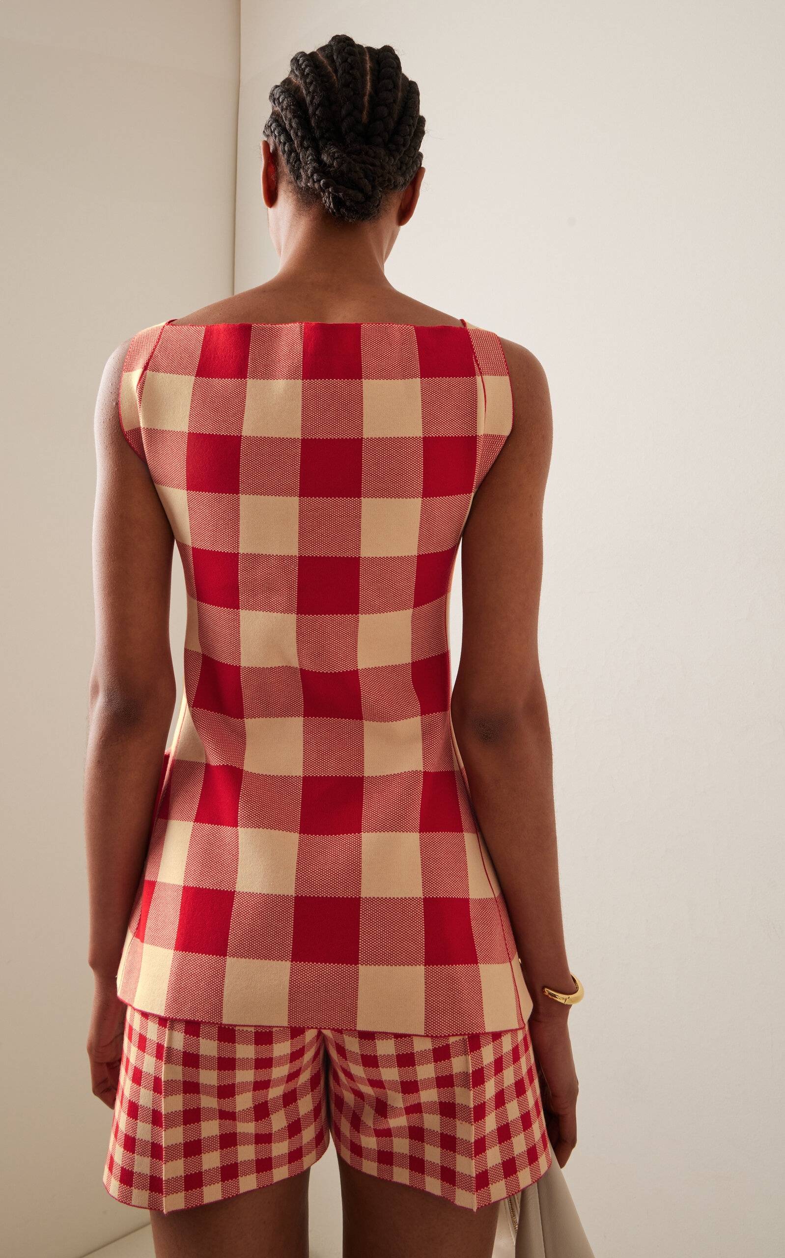 Asher Gingham Cotton-Blend Knit Apron Top red - 4