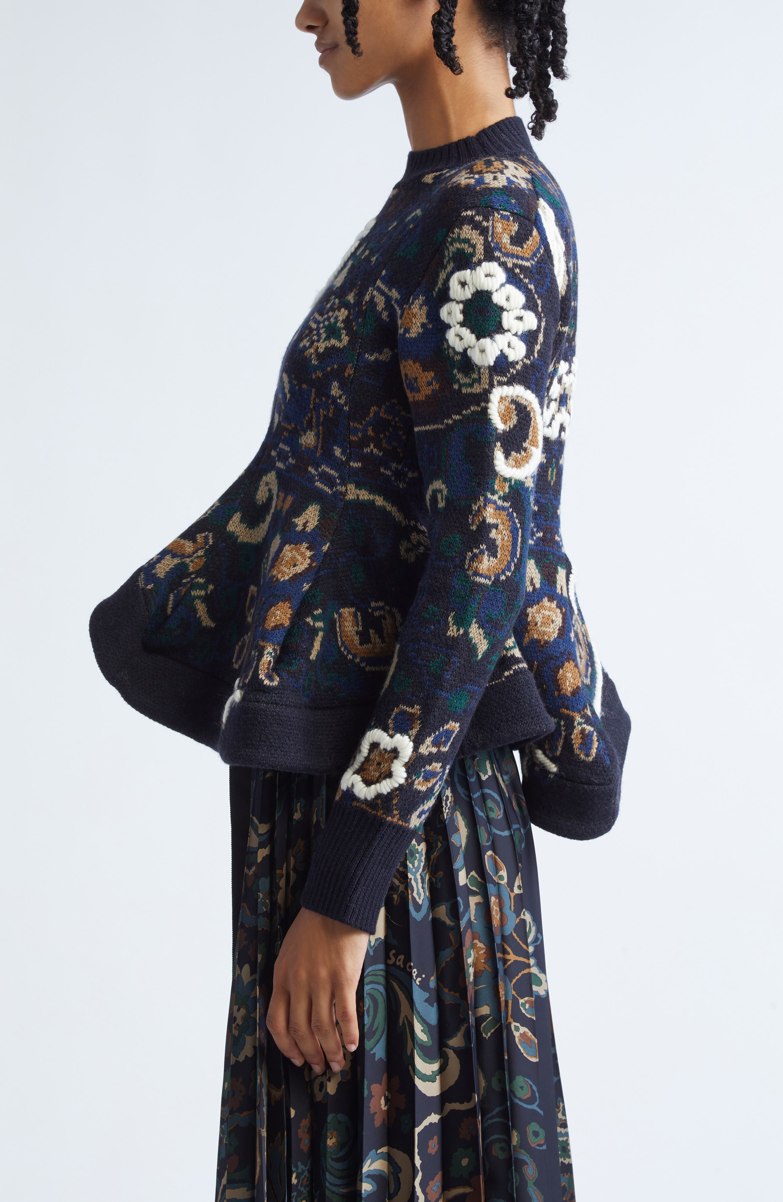 Sacai Floral Jacquard Asymmetric Wool Sweater in Navy at Nordstrom - 4
