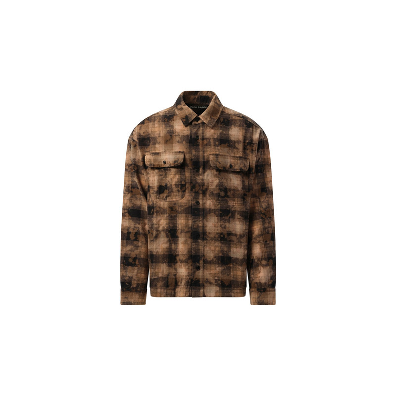 Palm Angels Long Sleeve Curved Logo Check Shirt in Brown/Off White outlook