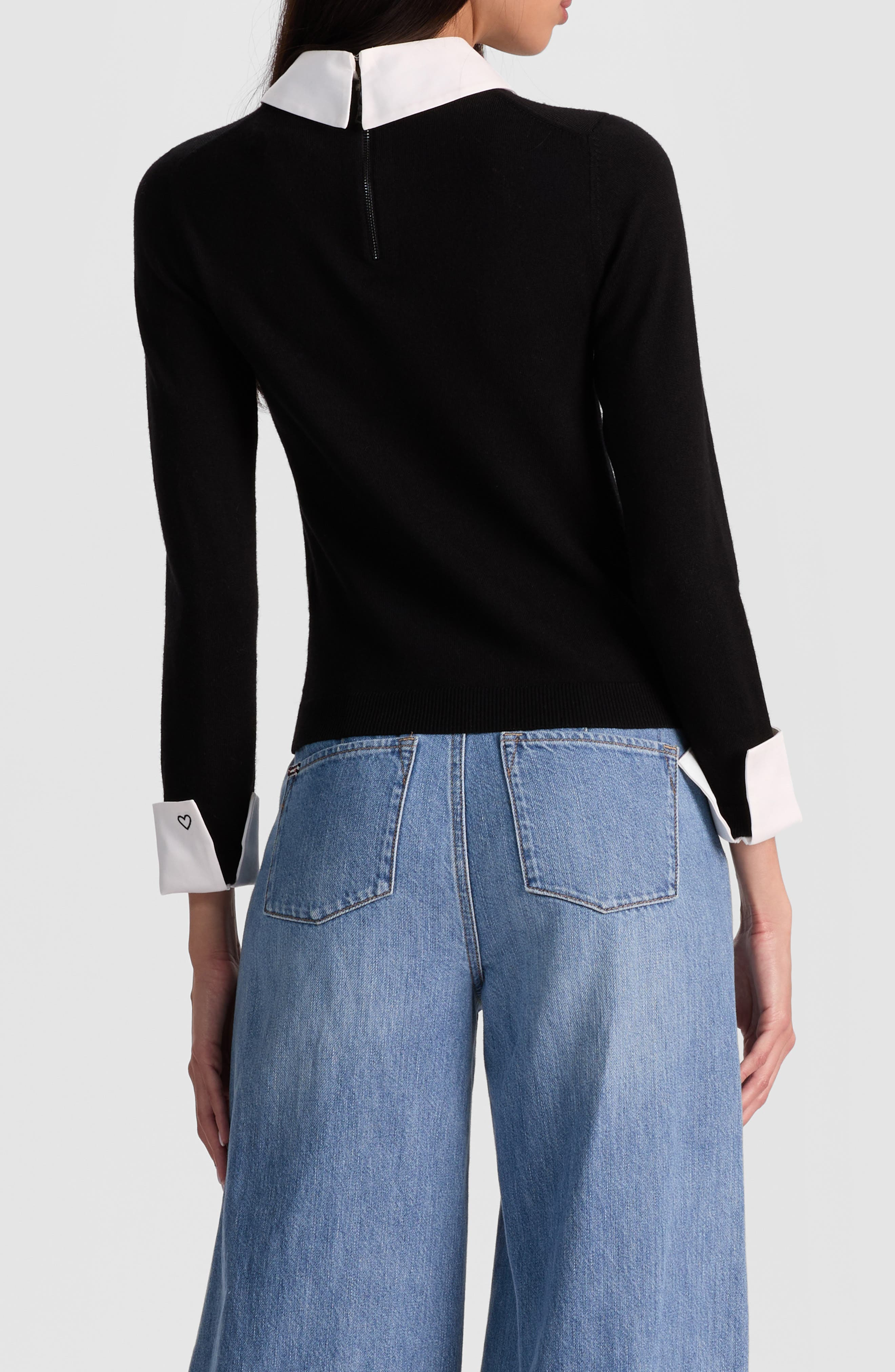 Alice + Olivia Porla Collared Wool Blend Mixed Media Sweater in Black at Nordstrom - 2